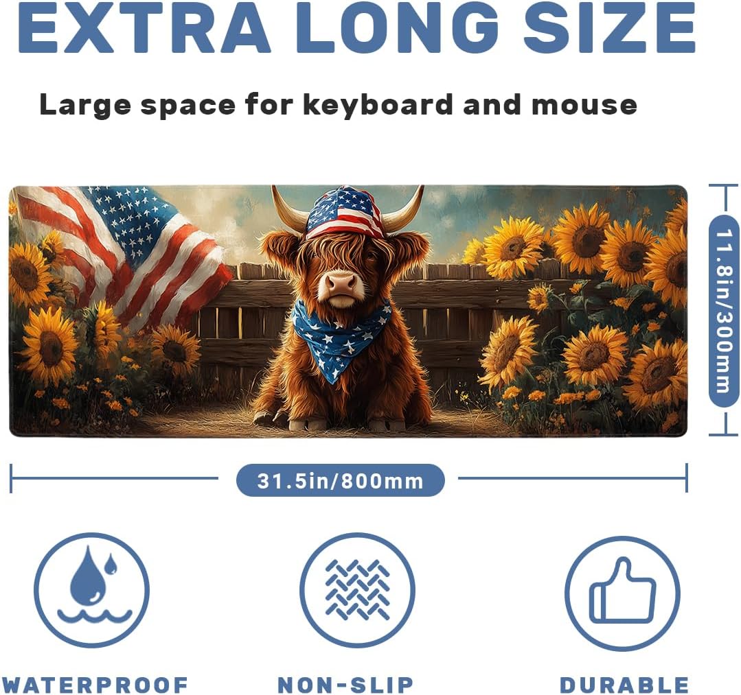 Highland Cow Desk Mat Gaming Mouse Pad Americana Farm Sunflower Mousepad Computer Keyboard Pad Mouse Mat Laptop Mat 31.5 x 11.8 Mouse Pads for Desk Home Office Gaming image 2