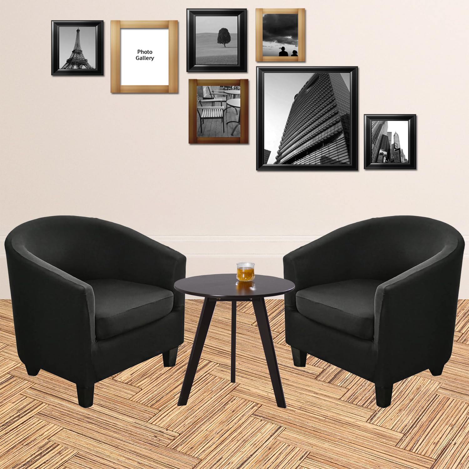 Byforphye Tub Chair Covers, Stretch Club Chair Slipcover 2-Piece Set Round Barrel Chair Covers with Cushion Cover Armchair Covers with Elastic Bottom for Club Bar Counter Living Room (Black)
