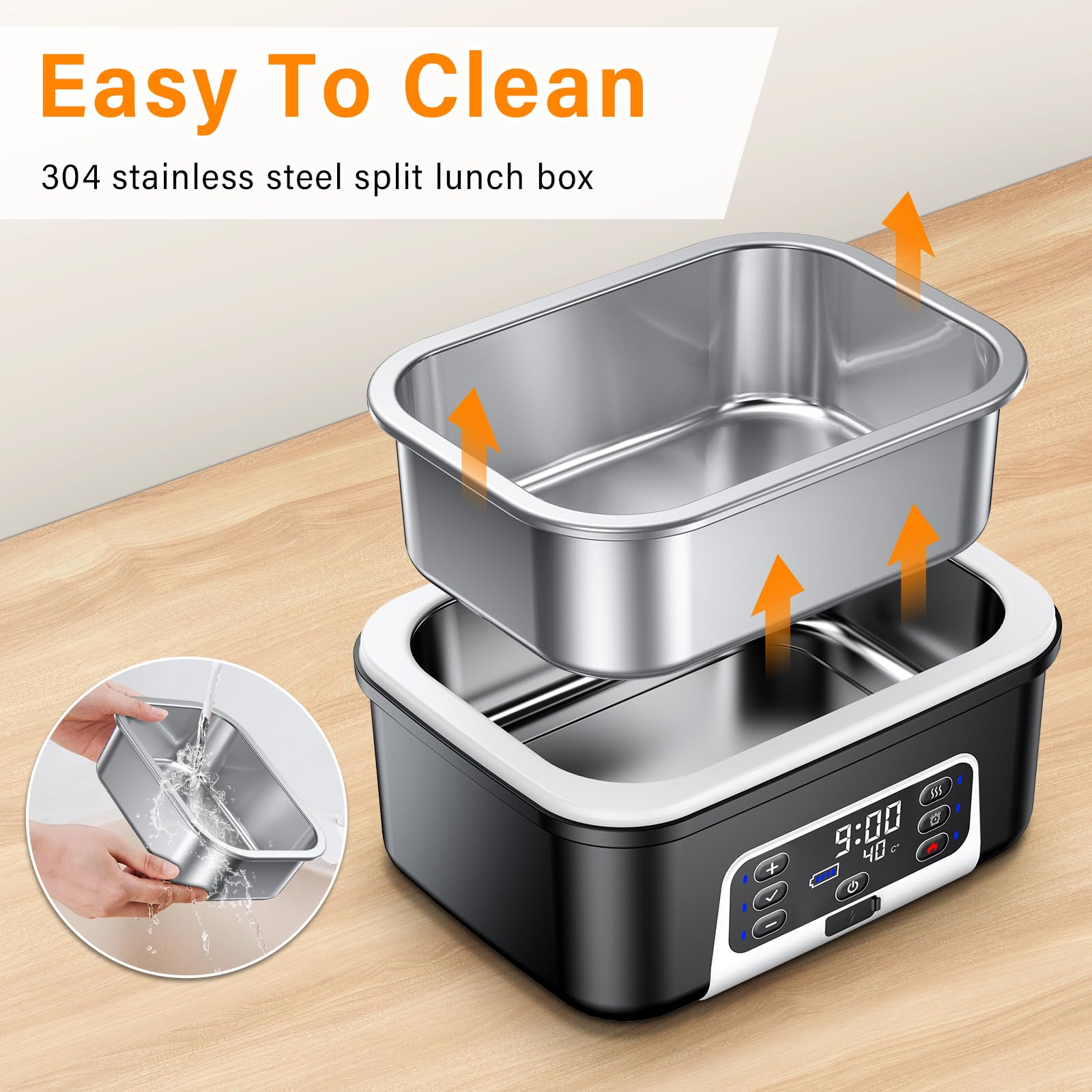 Scaldavivande Elettrico Portatile, 1.5L Porta Pranzo Riscaldabile con Timer, Per Ufficio, Cantiere, Viaggio, Auto, Scaldavivande a Batteria Ricaricabile | Heated Lunch Box