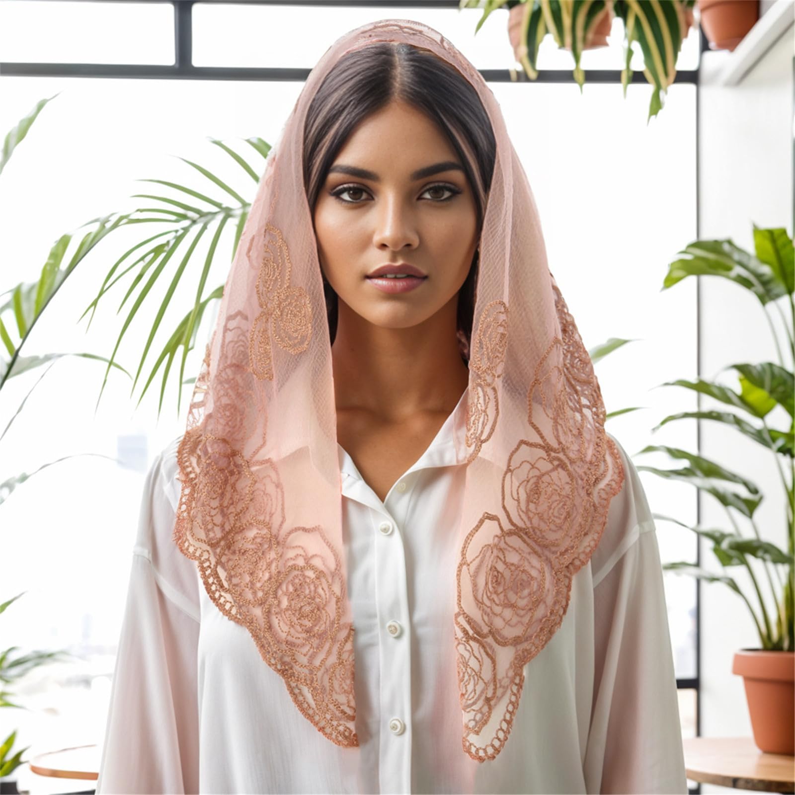 Mantilla Velo Pañuelo para la Cabeza de Misa Latina Velo de Encaje con Flores Chal español Pañuelo para la Cabeza para Capilla católica Velo de Novia para Boda (A)