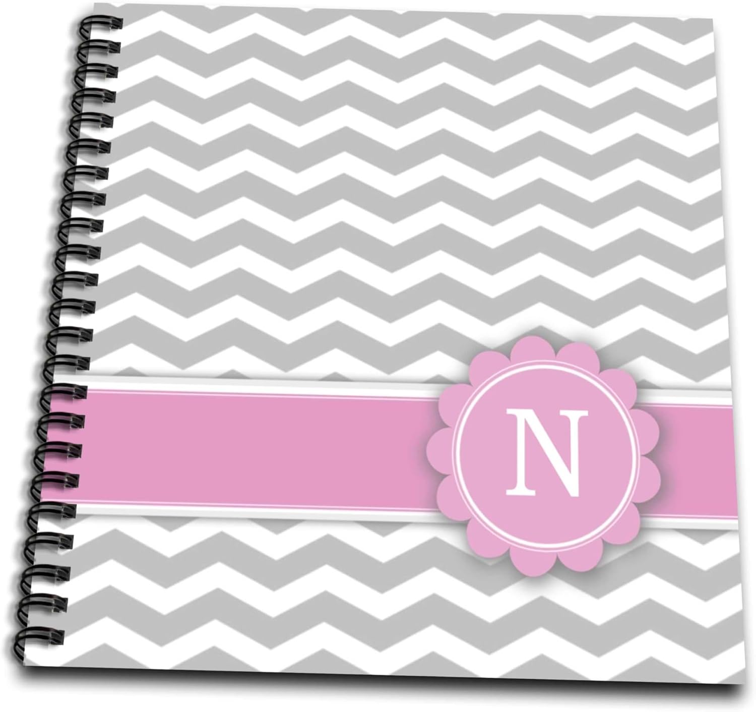 3dRose db_154259_1 Letter N Monogrammed on Grey and White Chevron with Pink Gray Zigzags Personal Initial Zig Zags Drawing Book, 8 by 8-Inch