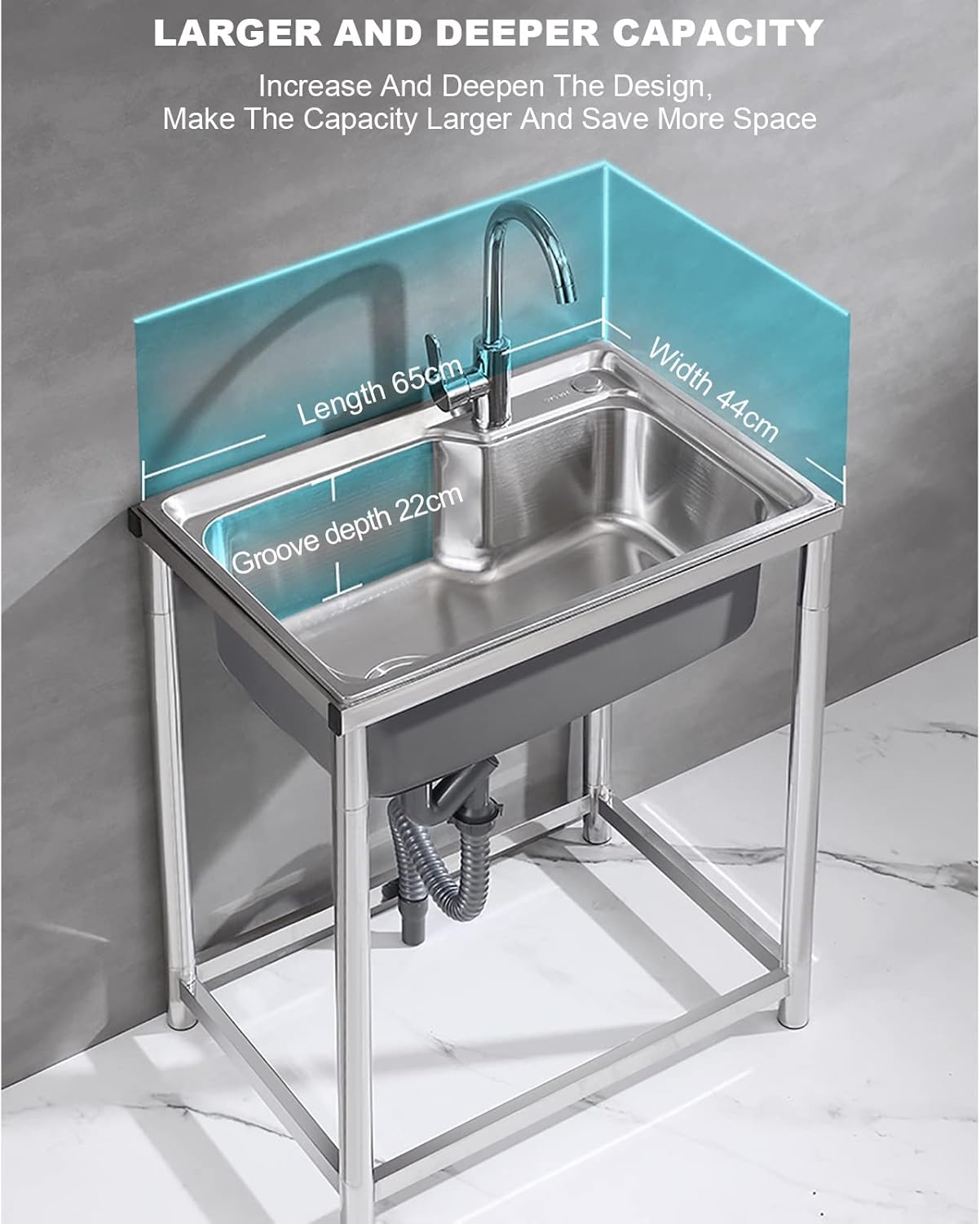 Laundry Sink Commercial Sink Freestanding Stainless Steel Sink with Drainer and Tap Single Bowl Sink for Kitchen Bathroom Restaurant Farmhouse Laundry