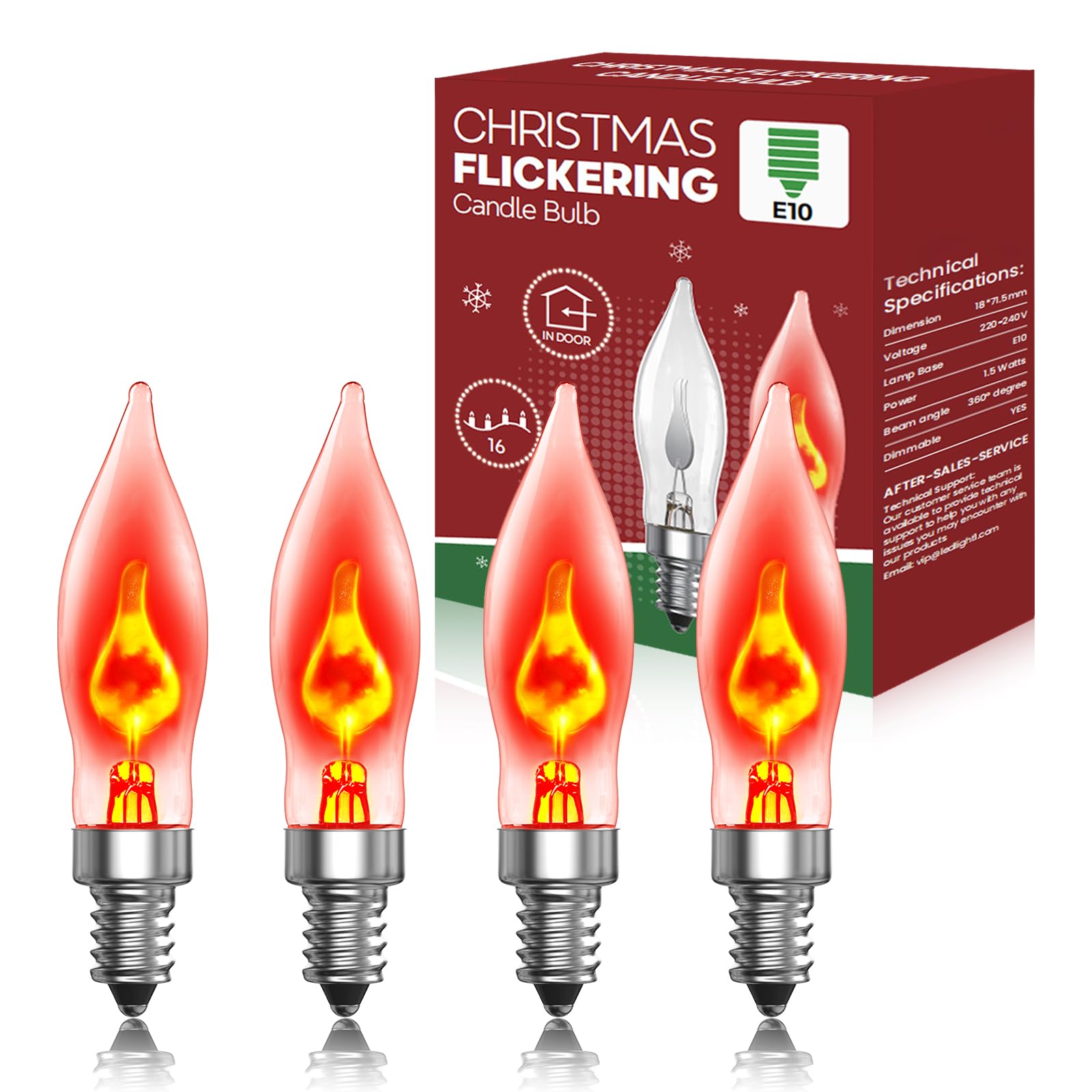 Bombillas de Vela E10 230V, Blanca Cálida Efecto Llama Bombillas E10 Bombilla de repuesto de 1,5 W para velas de Navidad para Arcos, Luces de Puente, Velas de Navidad (Pack de 4)