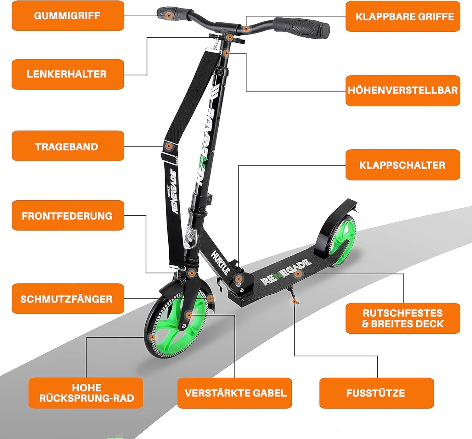 Hurtle Renegade Kick Scooter for Kids, Teenagers & Adults - 2-Wheel Folding Scooter with Adjustable T-Bar Handlebar - Alloy Anti-Slip Deck - Image 5