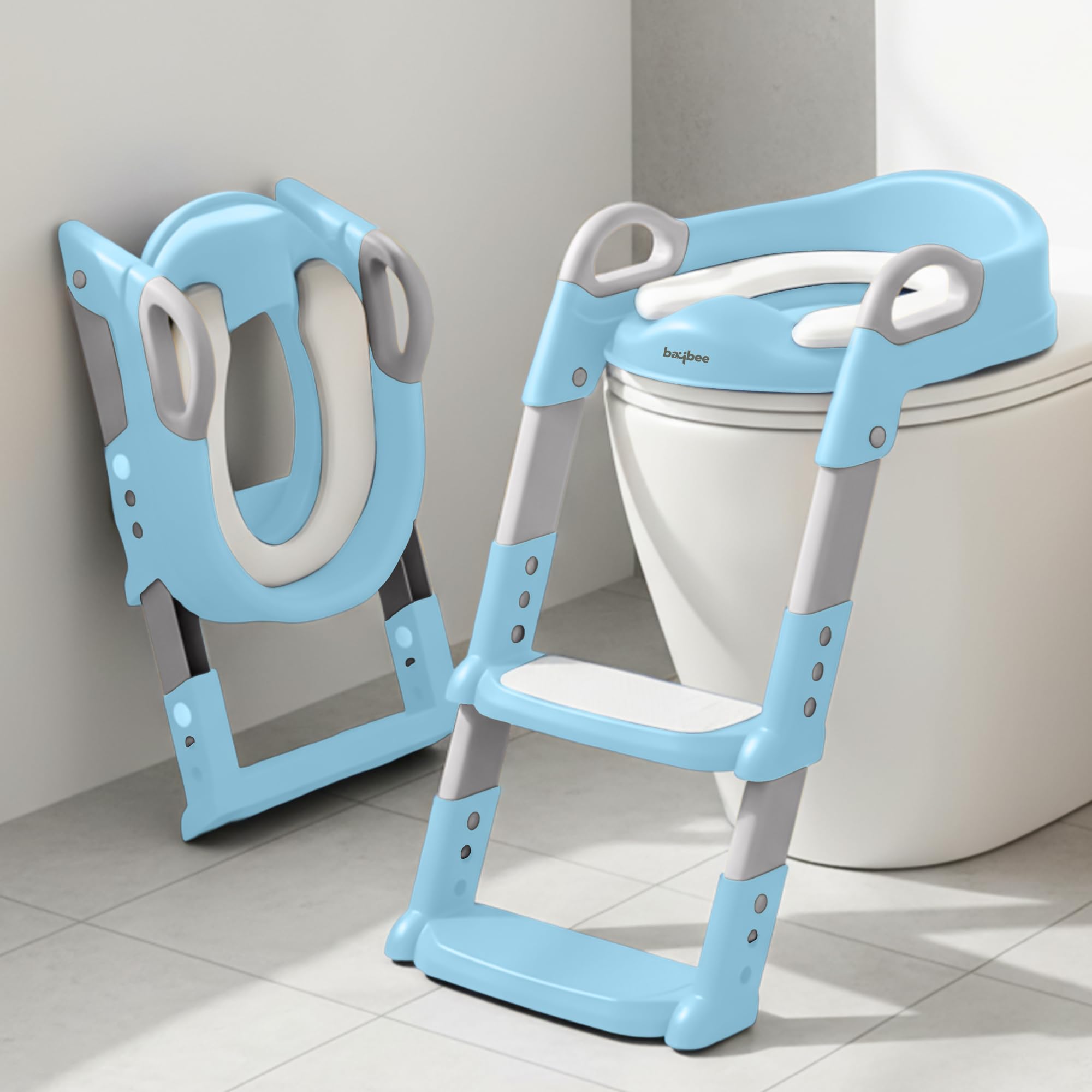 Baybee 3 IN 1 Aura Western Potty Seat for Kids | Foldable Baby Potty Training Seat Chair with Adjustable Height, Grip Handle & Cushion Seat | Ladder Toilet Seat for 1 to 8 Years Boys Girls (Blue)