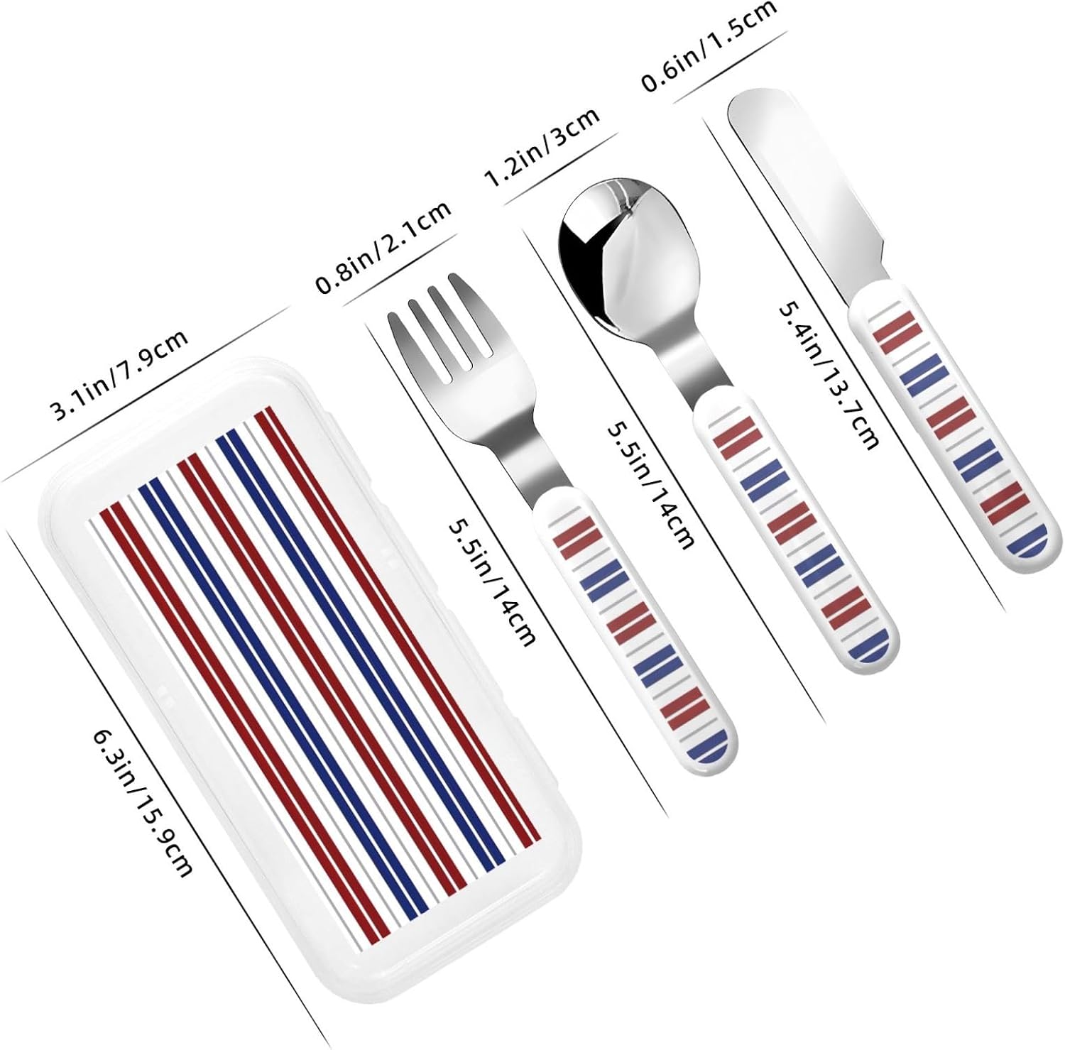 Red Blue White Gray Stripes Print Stainless Knife Spoon Fork 3-Piece Set,Flatware Cutlery Set With Storage Case
