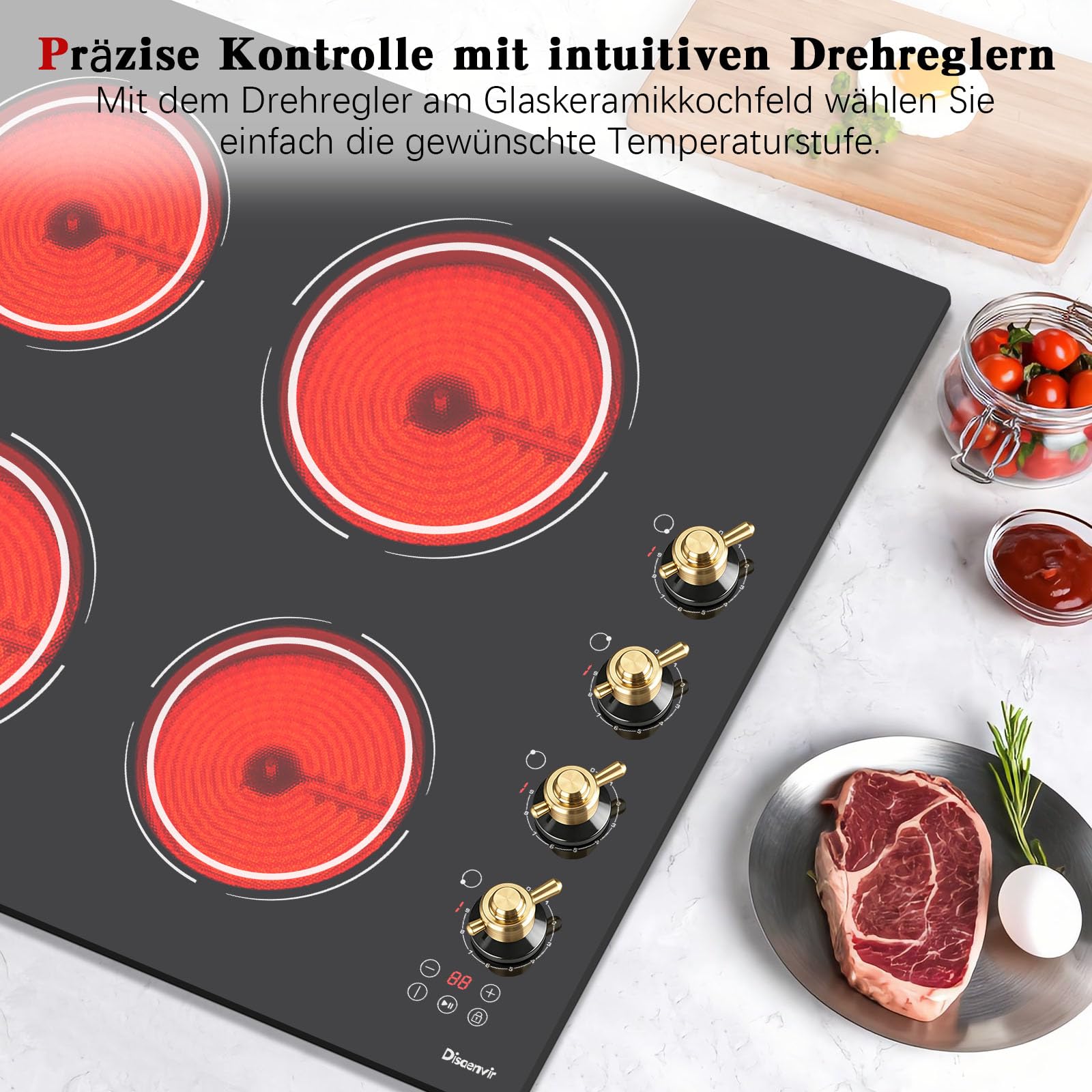 Kochfeld 4 Platten mit Drehknopf, Einbau Herdplatte 4 Kochfelder | Timer, Kindersicherung, 9 Leistungsstufen, 60 cm, 6000W