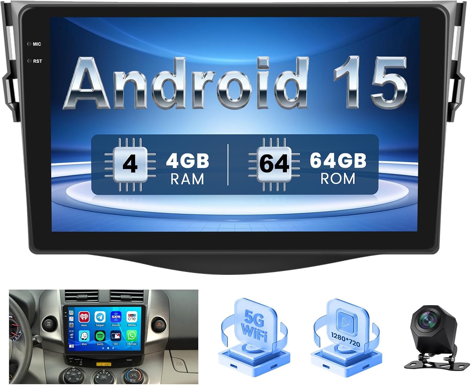 4+64G Android 15 Radio for Toyota RAV4 2006-2012, 9" Touchscreen for RAV4 Car Stereo with Wireless CarPlay/Android Auto, 5GHz WiFi, Bluetooth 5.0, DSP, EQ, GPS, 1280 * 720, Backup Camera