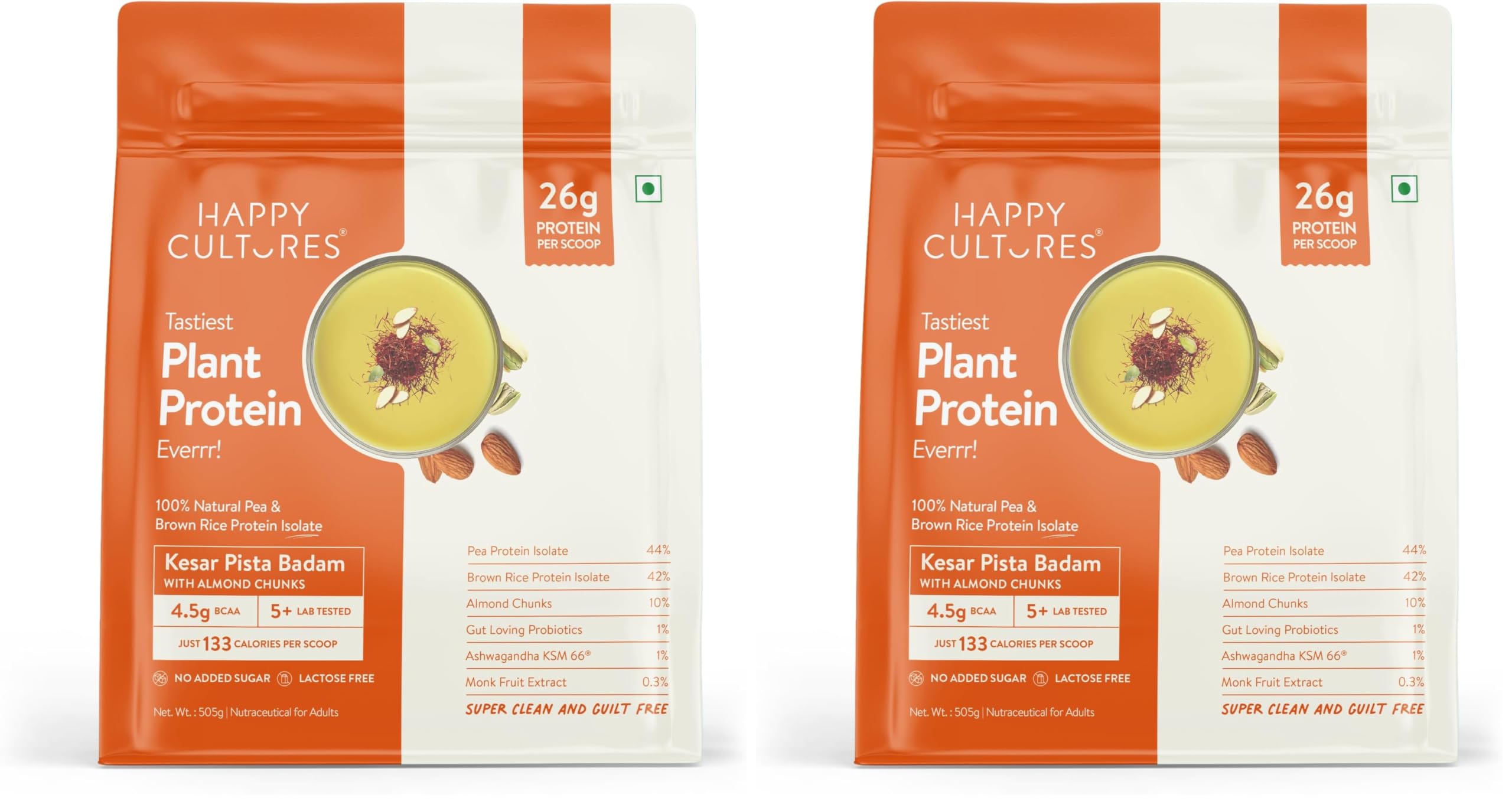 Happy Cultures 26g Tastiest Plant Protein| Kesar Pista, Almond Chunks & Ashwagandha (KSM 66)| Pea & Brown Rice Protein Isolate| No Added Sugar| Vegan| 20 Complete Amino Acids| Monk Fruit Extract| Women & Men| No Bloating, Easy to Digest| Dairy Free with Probiotics - 505g-image-36