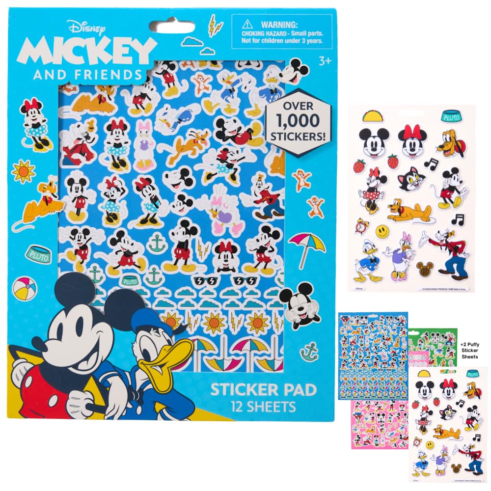 Disney Mickey Mouse Stickers for Kids - 12 Sheet Mickey Mouse Sticker Book Set With Puffy and Regular Stickers - 1000+ - Mickey & Friends, Minnie, Donald, Daisy, Goofy