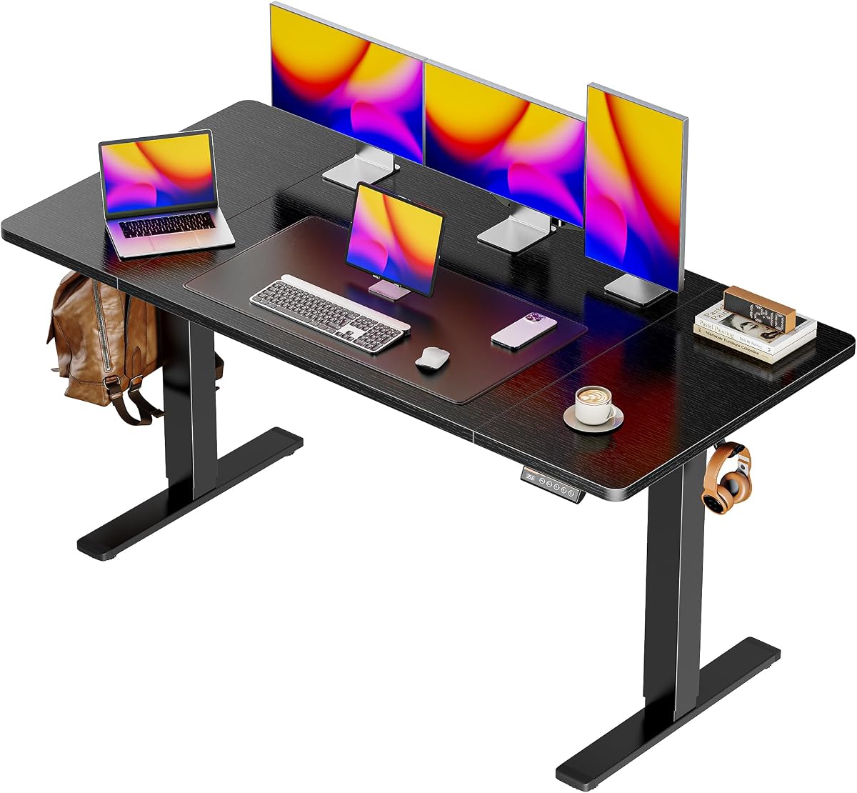 Escritorio eléctrico grande de 55 x 28, escritorio para computadora de altura ajustable, escritorio de 27,6 pulgadas de profundidad, mesa de oficina para juegos con 2 ganchos, 3 alturas preestablecidas, para oficina en casa, negro