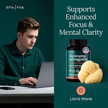 USDA Organic Lions Mane Supplement Capsules with Ashwagandha, Chaga, Reishi, Cordyceps, Turkey Tail - 10x Adaptogenic Mushroom Complex as Focus Supplement - Energy, Immunity & Nootropic