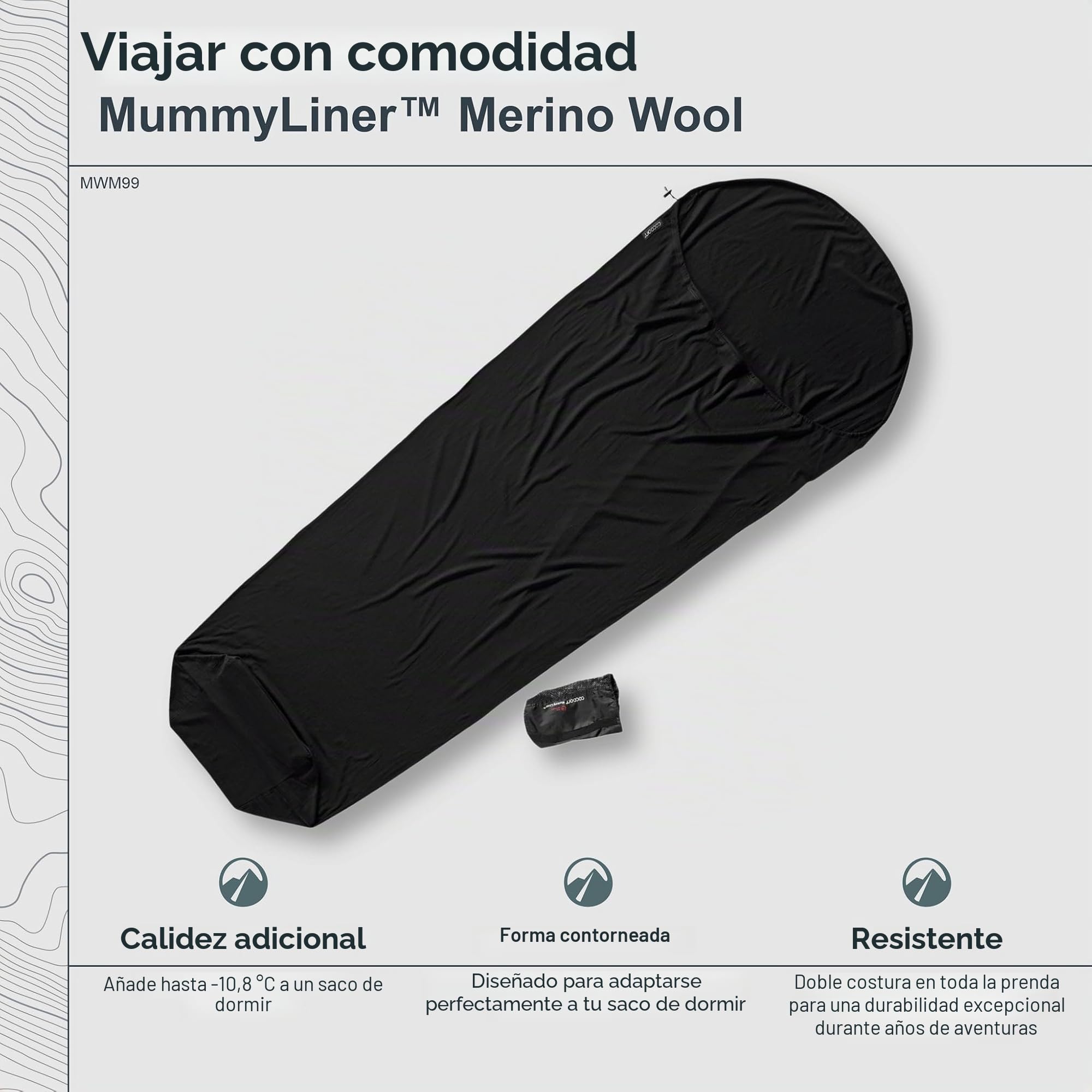 Cocoon Saco de Dormir Merino Mummy Liner – Lana Merino, Negro