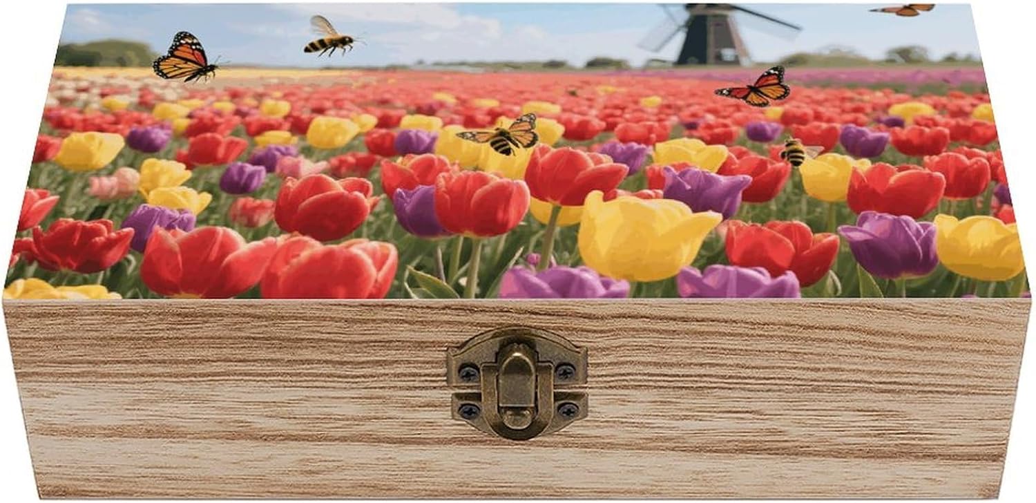 Tulip Field Wooden Keepsake Box Memory Box Jewelry Letters Rustic Memento Storage Boxes with Hinged Lid for Wedding, Anniversary, Birthday, Graduation & Retirement Gifts
