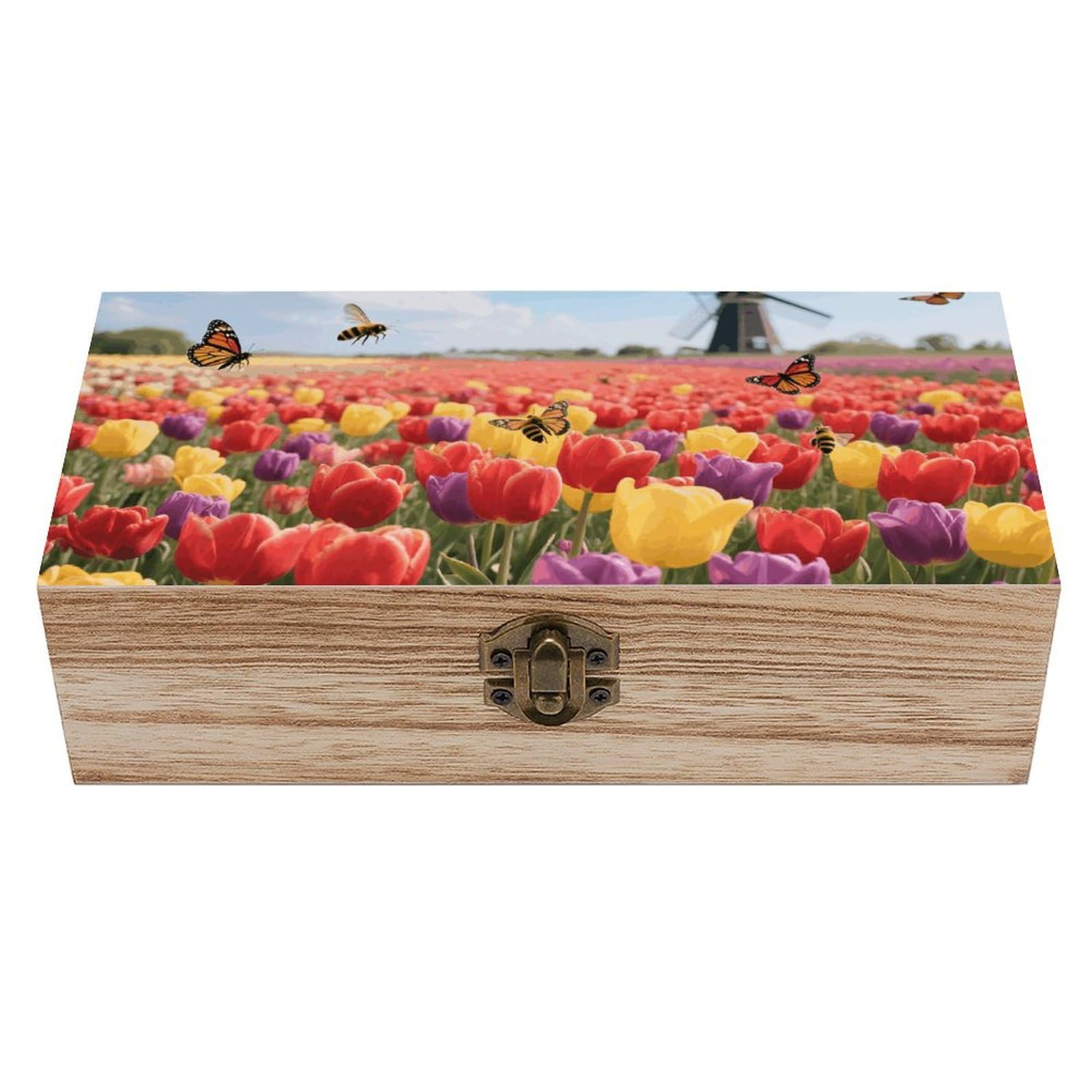 asbwuo Tulip Field Wooden Keepsake Box Storage Boxes with Hinged Lid