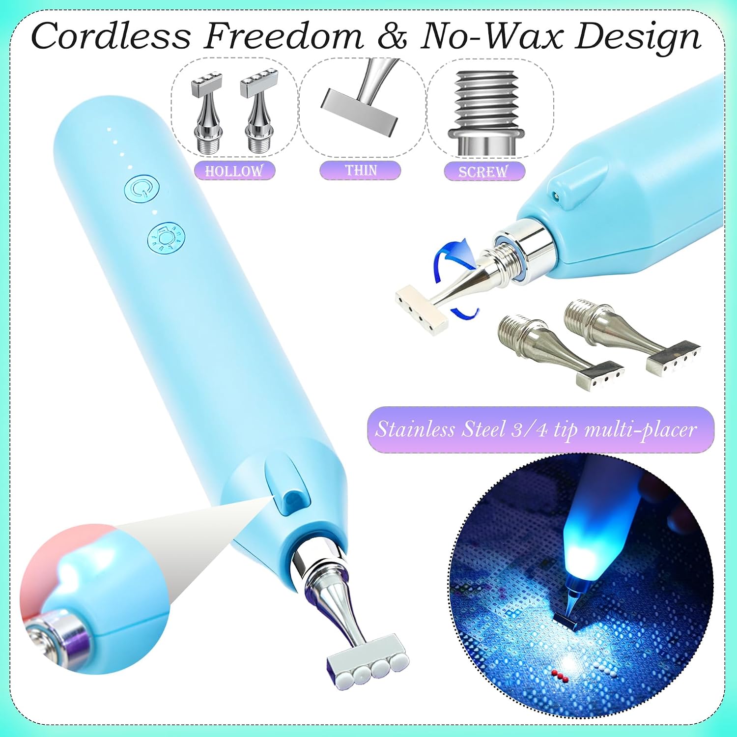 Electric Diamond Painting Pen with Light, Cordless Diamond Art Vacuum Pen no Wax Needed, Rechargeable Diamond Art Pen, Steel Screw Multi-placer, 3-Speed, Diamond Art Accessories with Cutter (Blue)