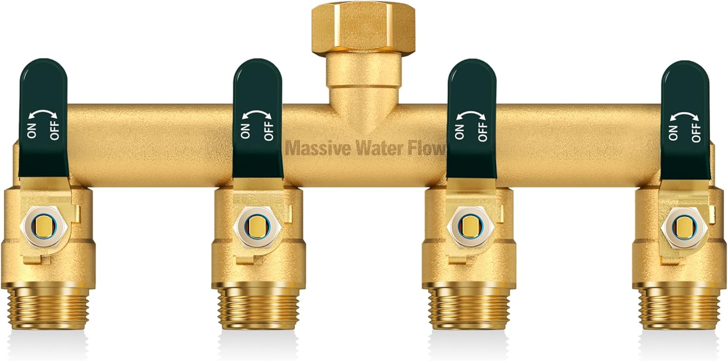 4 Way Hose Splitter, Heavy Duty Full Flow Garden Hose Splitter with 4 Large Metal Handles, Brass Water Hose Bib Splitter, T Adapter Connector with 3/4 - Inch GHT Thread (Green)