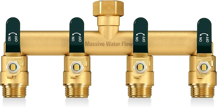 4 Way Hose Splitter, Heavy Duty Full Flow Garden Hose Splitter with 4 Large Metal Handles, Brass Water Hose Bib Splitter, T Adapter Connector with 3/4 - Inch GHT Thread Green