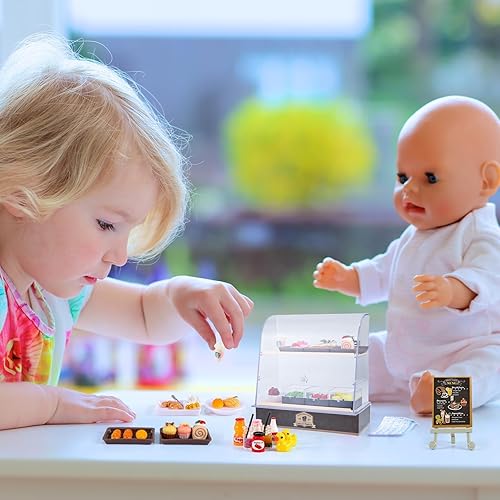 Vista 5 de 86 piezas de miniatura de panadería, estante de pasteles, gabinete de exhibición con juego de alimentos, mostrador de miniaturas de plástico, donuts