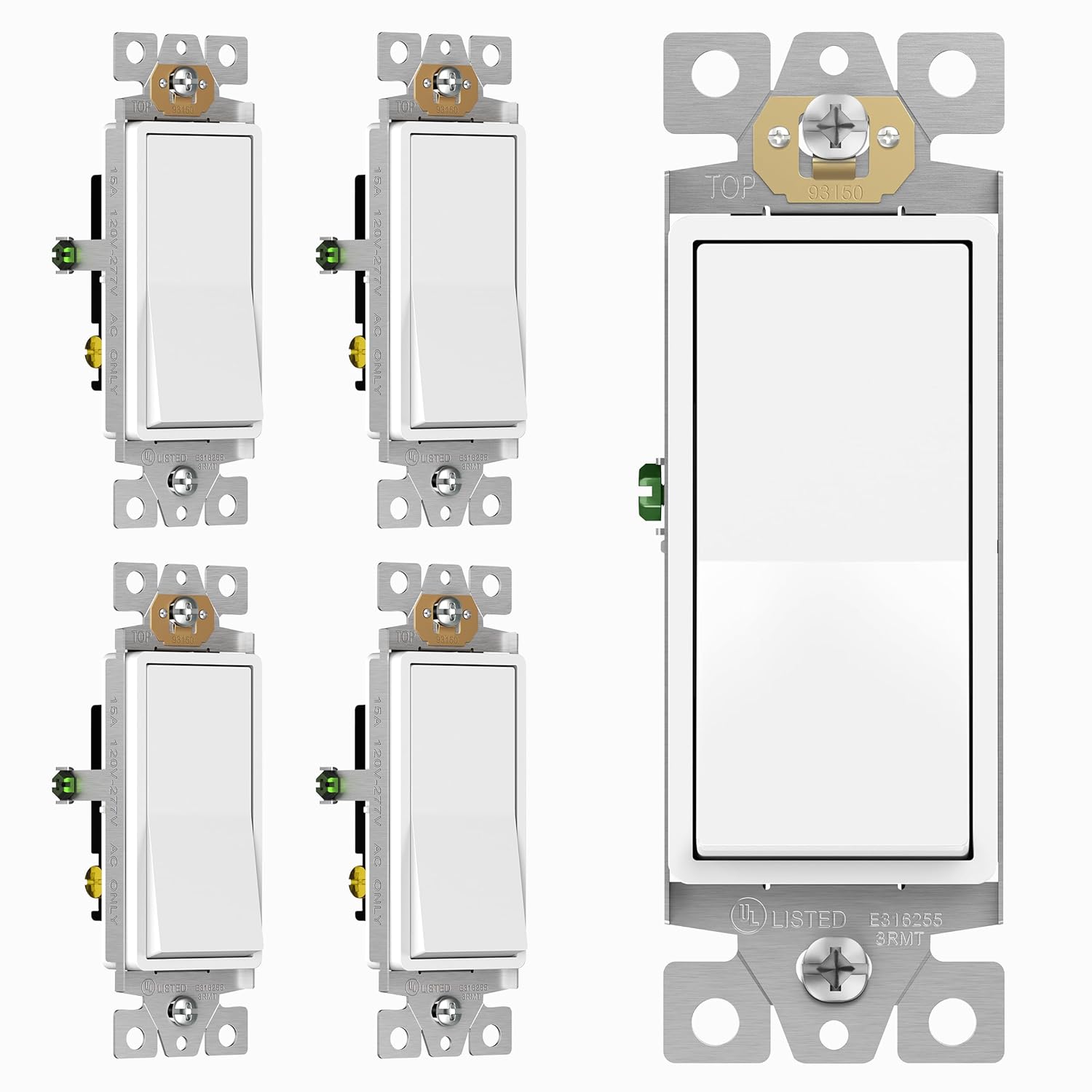 ENERLITES Decorator Switch, Light Switch, 3-Way or Single Pole, 3 Wire, Grounding Screw, Residential Grade, 15A 120V, UL Listed, 93150A-BK-5PCS, Black, 5 Pack
