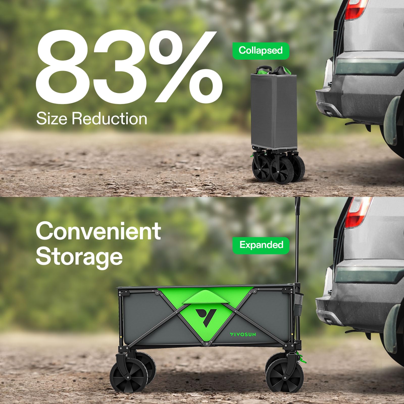 VIVOSUN Vagón plegable para uso al aire libre con ruedas universales silenciosas, portavasos y bolsillos laterales, asa ajustable, para camping, jardín, deportes, picnic, compras, 110 L, gris y verde