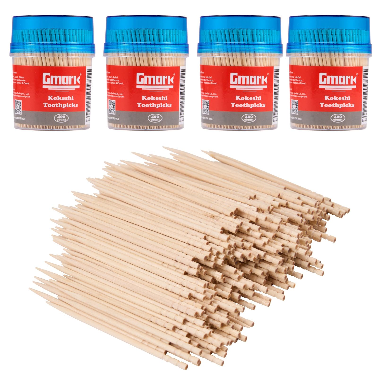 Gmark Wooden Toothpicks 1600 Pieces Kokeshi Style, Cocktail Safe Use Sturdy Round Holder 4 Packs of 400, 2.6" Kokeshi Toothpicks - Japanese Style, Party Appetizer Olive Fruit Teeth Cleaning GM1068