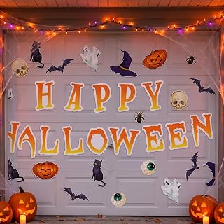 BBTO 22 Pcs Halloween Garage Door Magnets Happy Halloween Banner Decor | Witch Hat Cat Spider Pumpkin Skull Designs, For Refrigerator Metal Doors Outdoor, Reusable Magnetic Stickers, No Nails