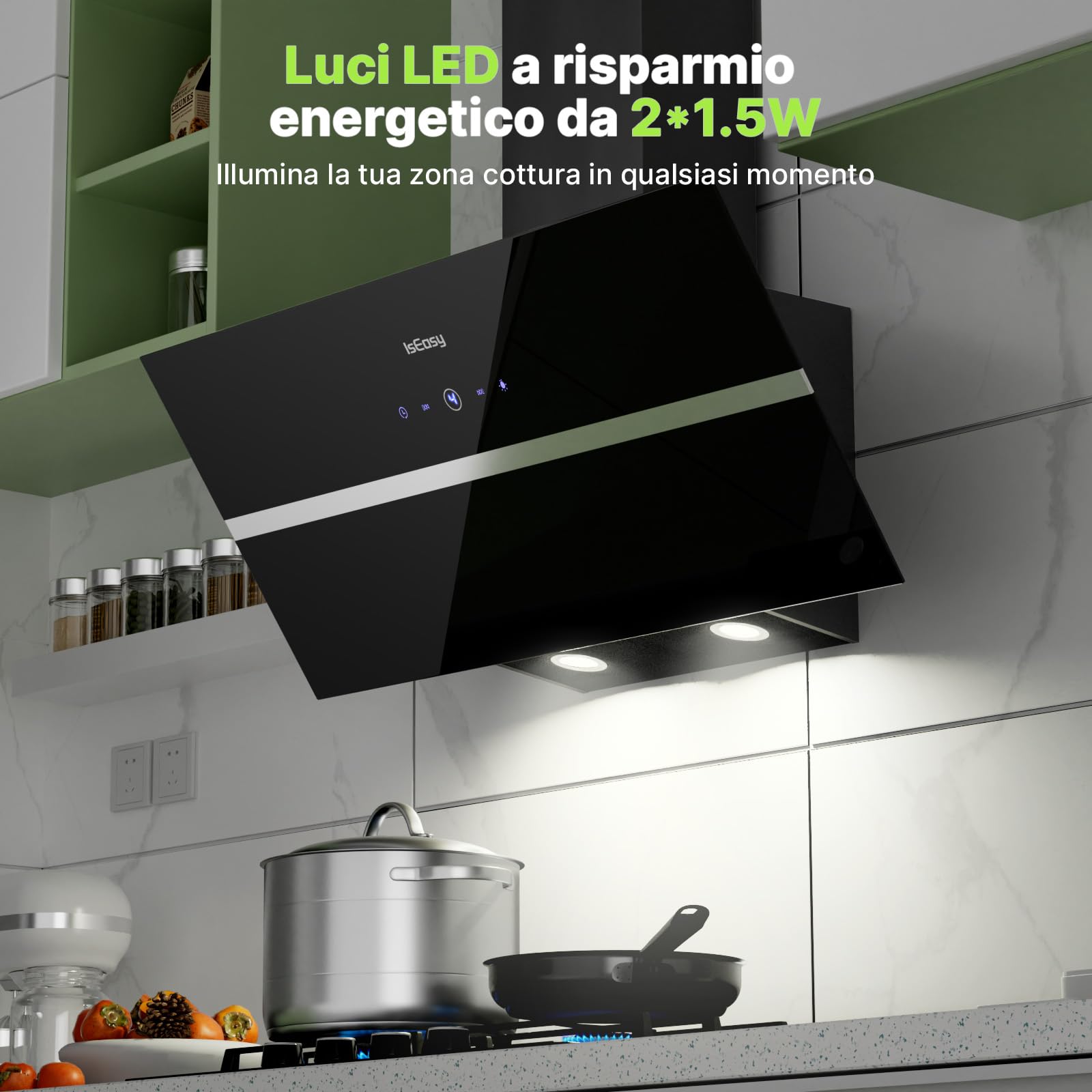 IsEasy Cappa Aspirante 90 cm con 578 m³/h Forte Potenza di Aspirazione, Cappa Cucina 90 cm di Scarico/Ricircolo, 4 Livelli di Regolazione, Ritardo 1-9 Minuti, 58 dB, Nero, Efficienza A++