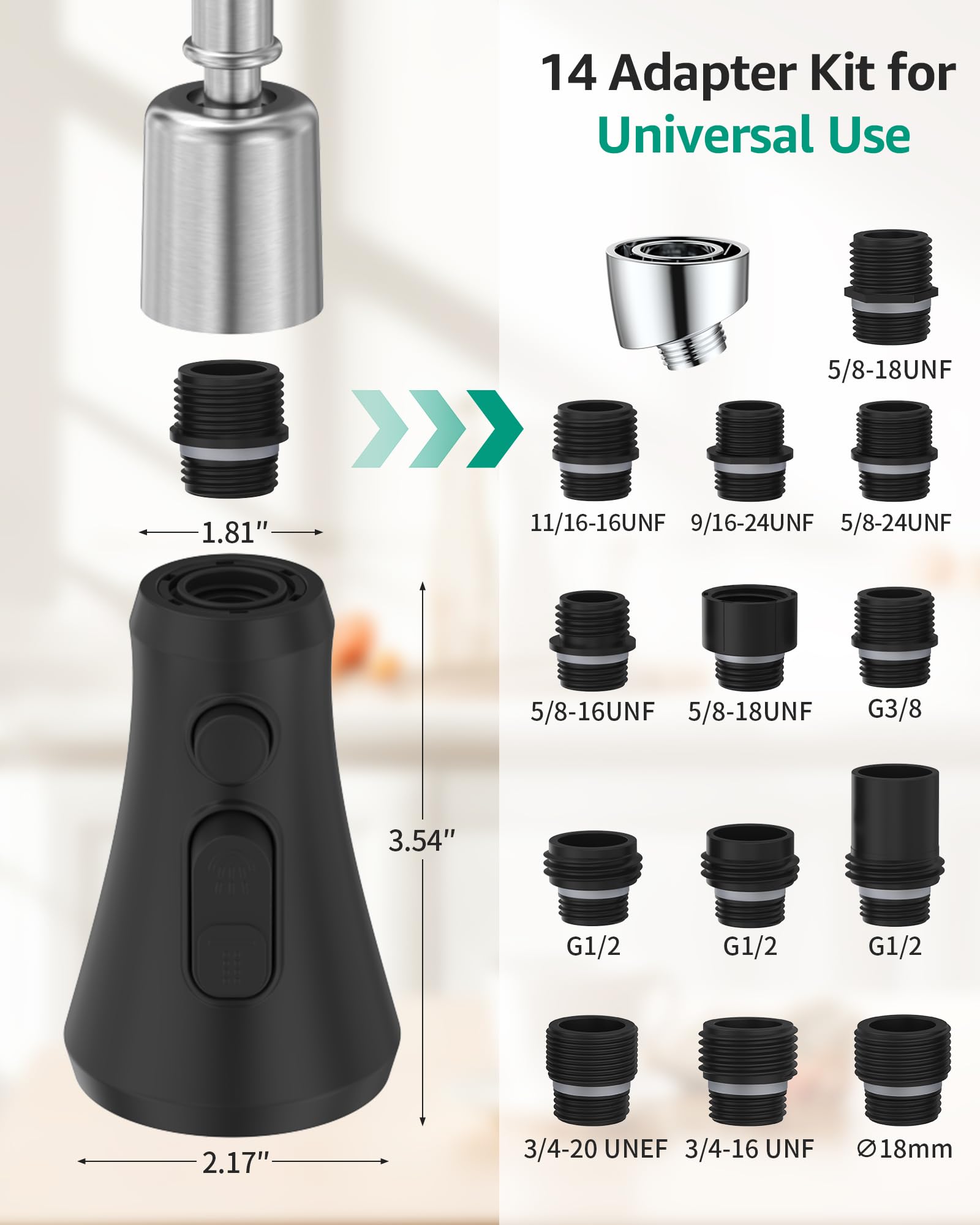 Mbillion Kitchen Faucet Head Replacement 3 Modes Polished Chrome Pull Down Sprayer Head Replacement with 14 Adapters Kitchen Sink Faucet Head (Matte Black) - Image 2