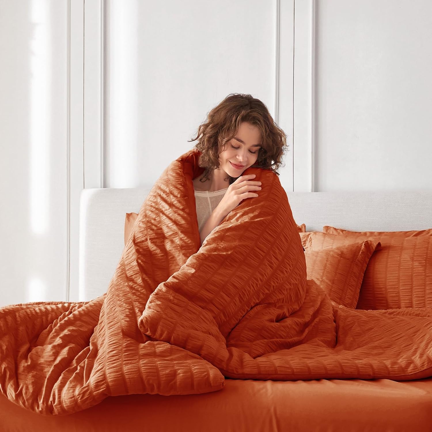 MUXHOMO 7 Pieces Queen Comforter Set, Seersucker Bed in a Bag Queen Size, All Season Luxury Bedding Set with Comforter, Flat Sheet, Fitted Sheet, Pillowcases & Shams, Burnt Orange - Image 8