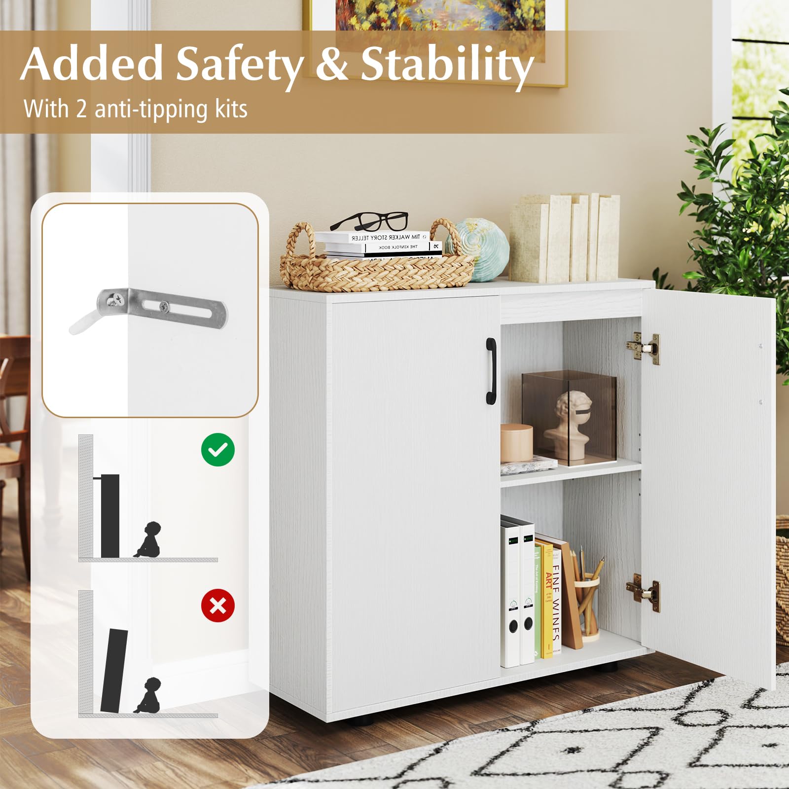 KOMFOTTEU Credenza Cucina con 2 Ante, Mobile Buffet con Ripiano Regolabile, Armadio Dispensa in Legno Antiribaltamento, per Sala da Pranzo, Soggiorno, Ingresso, 80 x 31,5 x 82 cm (Bianco)