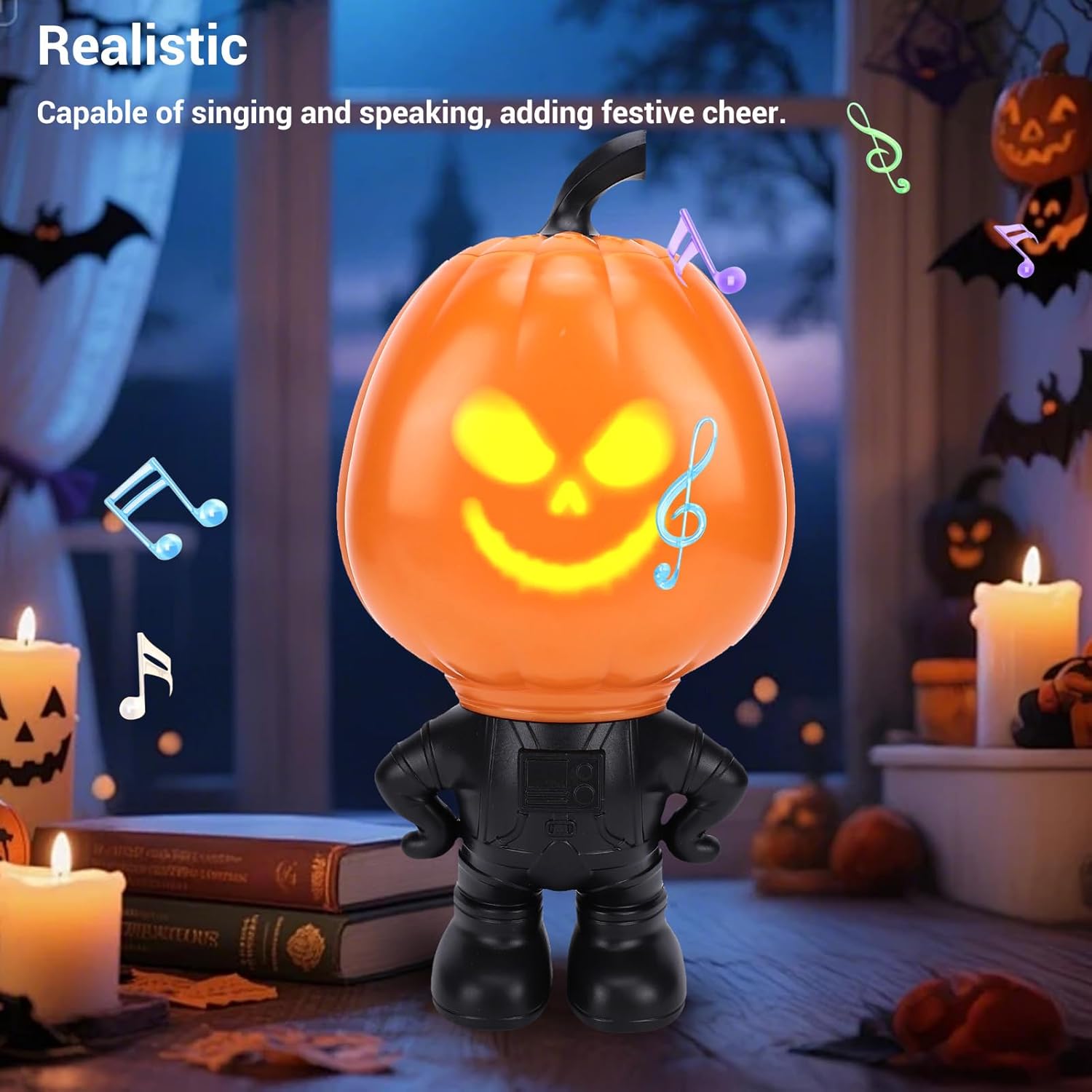 Talking Singing Pumpkin Figurine with Projector Light, Animated Lighted Halloween Christmas Decor, Holiday Prop Desktop Ornament Gift with USB
