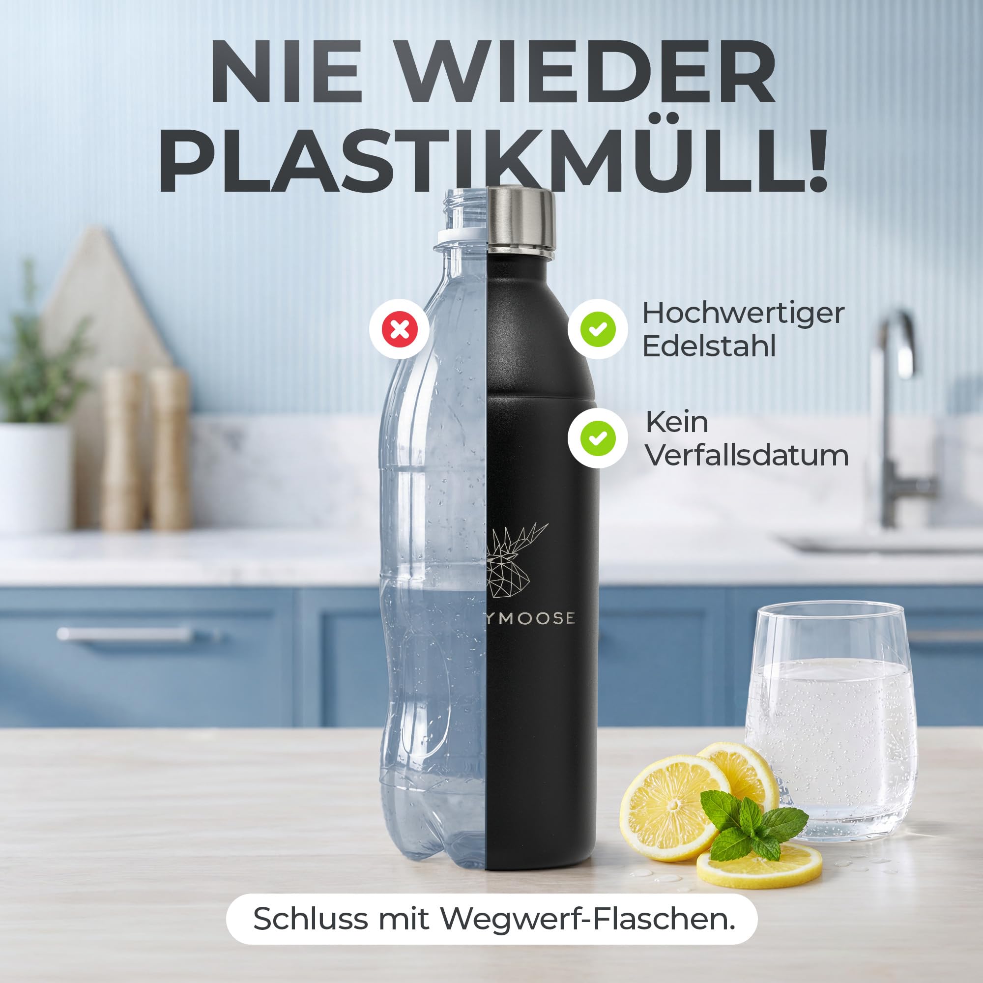 Luckymoose Infinity Edelstahlflasche (1,1L) kompatibel mit SodaStream DUO & TERRA Wassersprudler – Umweltfreundlich, Bruchsicher und Spülmaschinenfest – hochwertiger 304 Edelstahl statt Plastik