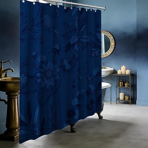 Miniatura 23 de Cortina de ducha azul marino de bosque Cortina de ducha azul oscuro de montaña y naturaleza para decoración de baño de hombres, tela impermeable con