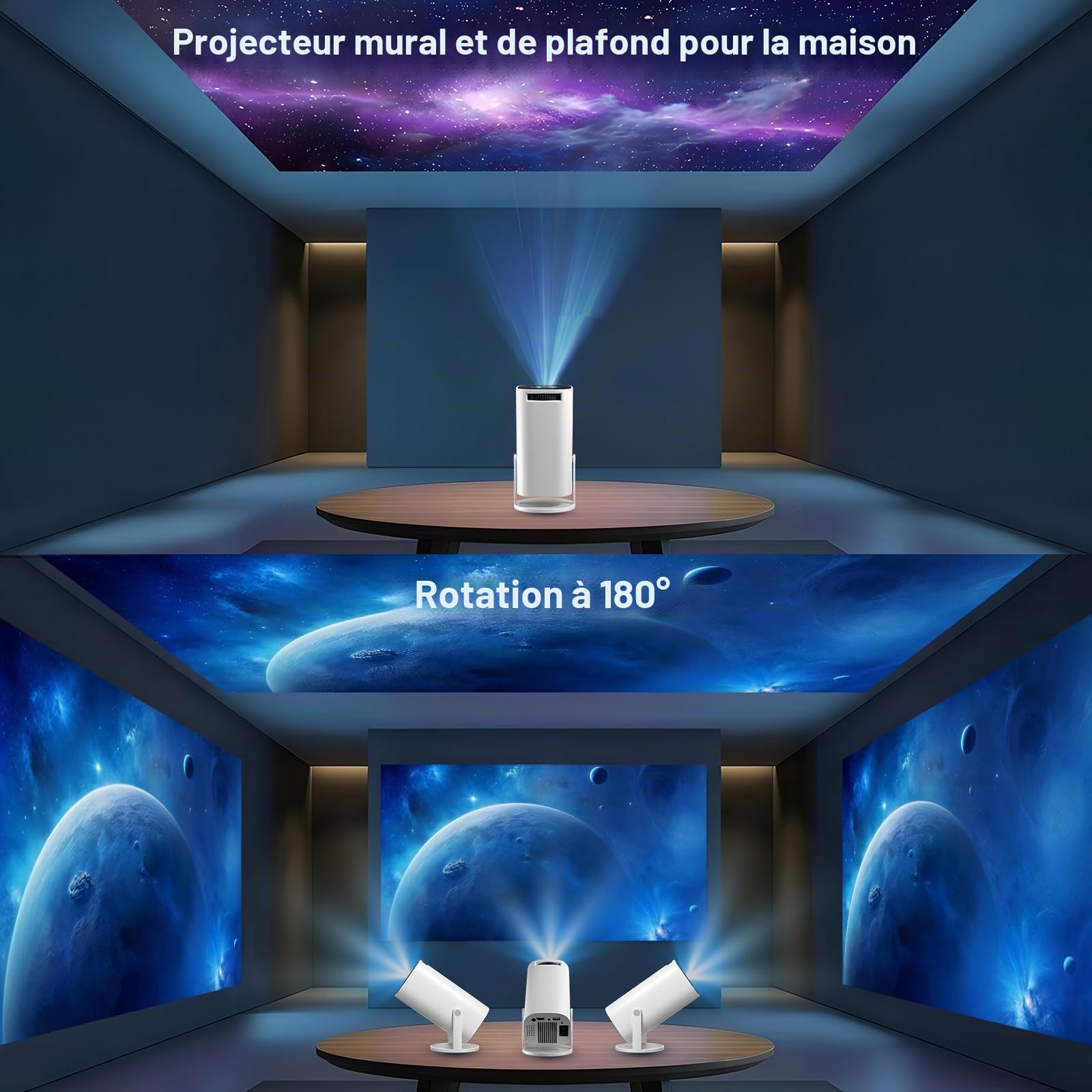 Mini Videoprojecteur Supporte 4K 1080P avec WiFi 6 et Bluetooth 5.4, Mini Projecteur Portable avec Correction Trapézoïdale Auto, Rotatif 180°, Videoprojecteur Compatible Laptop/HDMI/TV Stick, Blanc