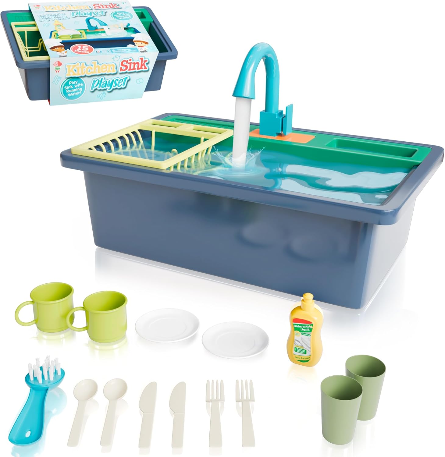 Lollipop Kitchen Sink Playset – 15-Piece Toddler Set with Sink, Dishes, Soap, Brush, and Running Water – Ideal for Kids Ages 3+ – Safety Tested Gourmet Play for Fun and Learning