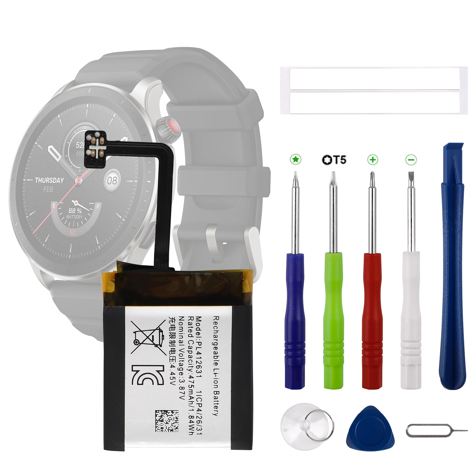 Nowa PL412631 bateria zastępcza kompatybilna z Amazfit GTR 4 Smartwatch z zaktualizowanym zestawem narzędzi naprawczych