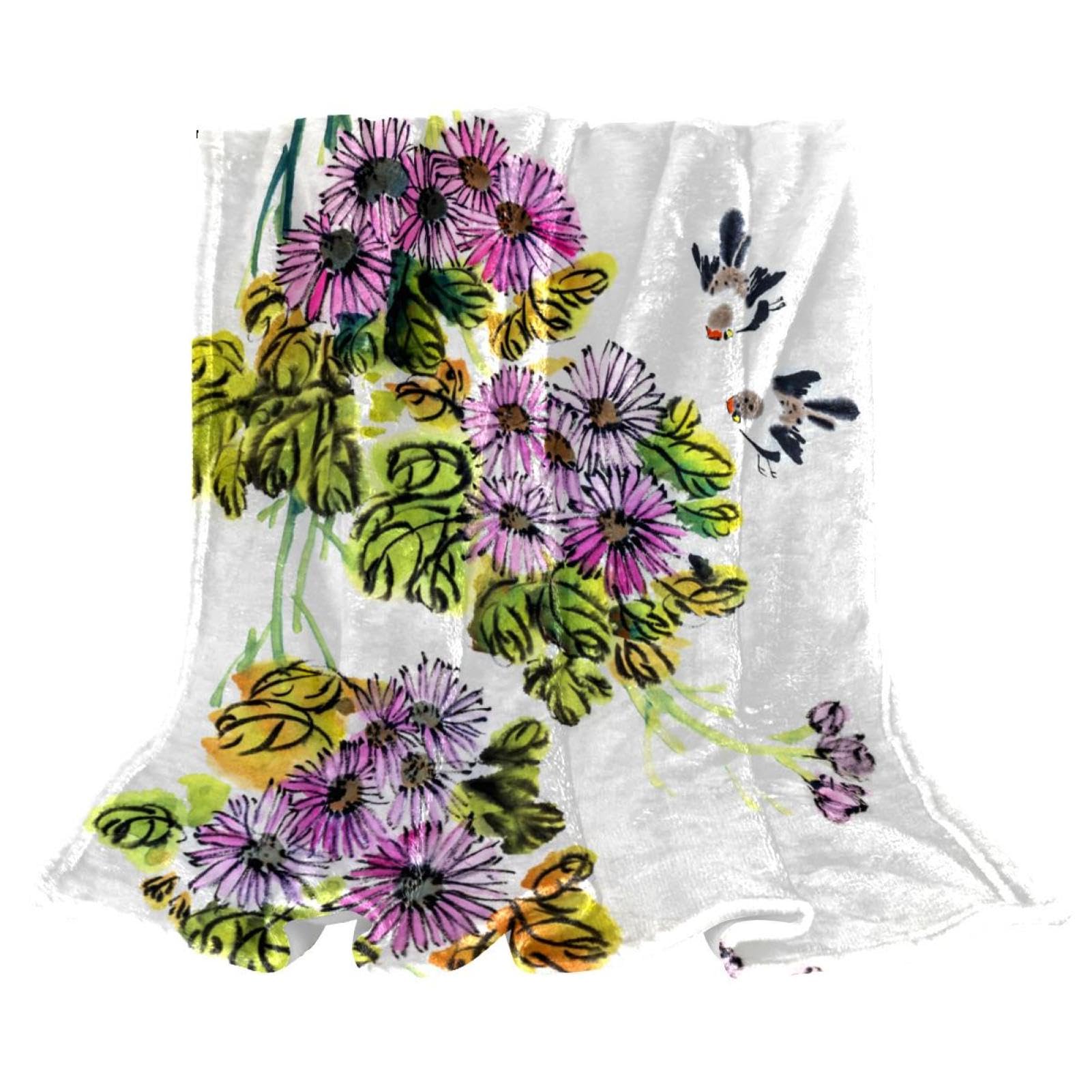 Couverture polaire peinture de fleurs douce et chaude pour lit