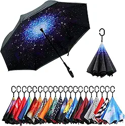 Guarda-chuva invertido de camada dupla NC Saa com alça em forma de C, guarda-chuva reto à prova de vento à prova d'água anti-UV para uso externo chuva de carro (céu estrelado/preto)