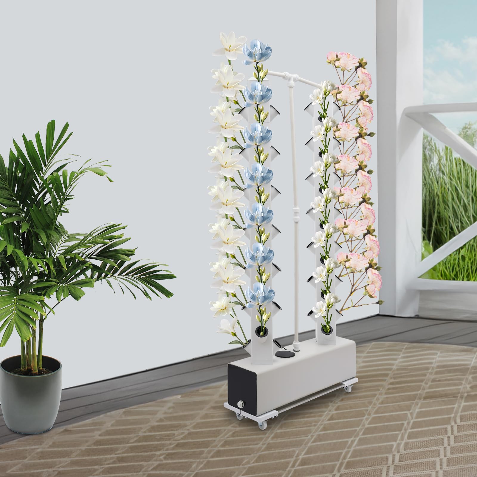 Sistema idroponico 56 fori, Torre idroponica verticale con rulli e timer, Impianto di irrigazione automatica, coltivazione senza terra Torre idroponica giardino con serbatoio d'acqua 30L