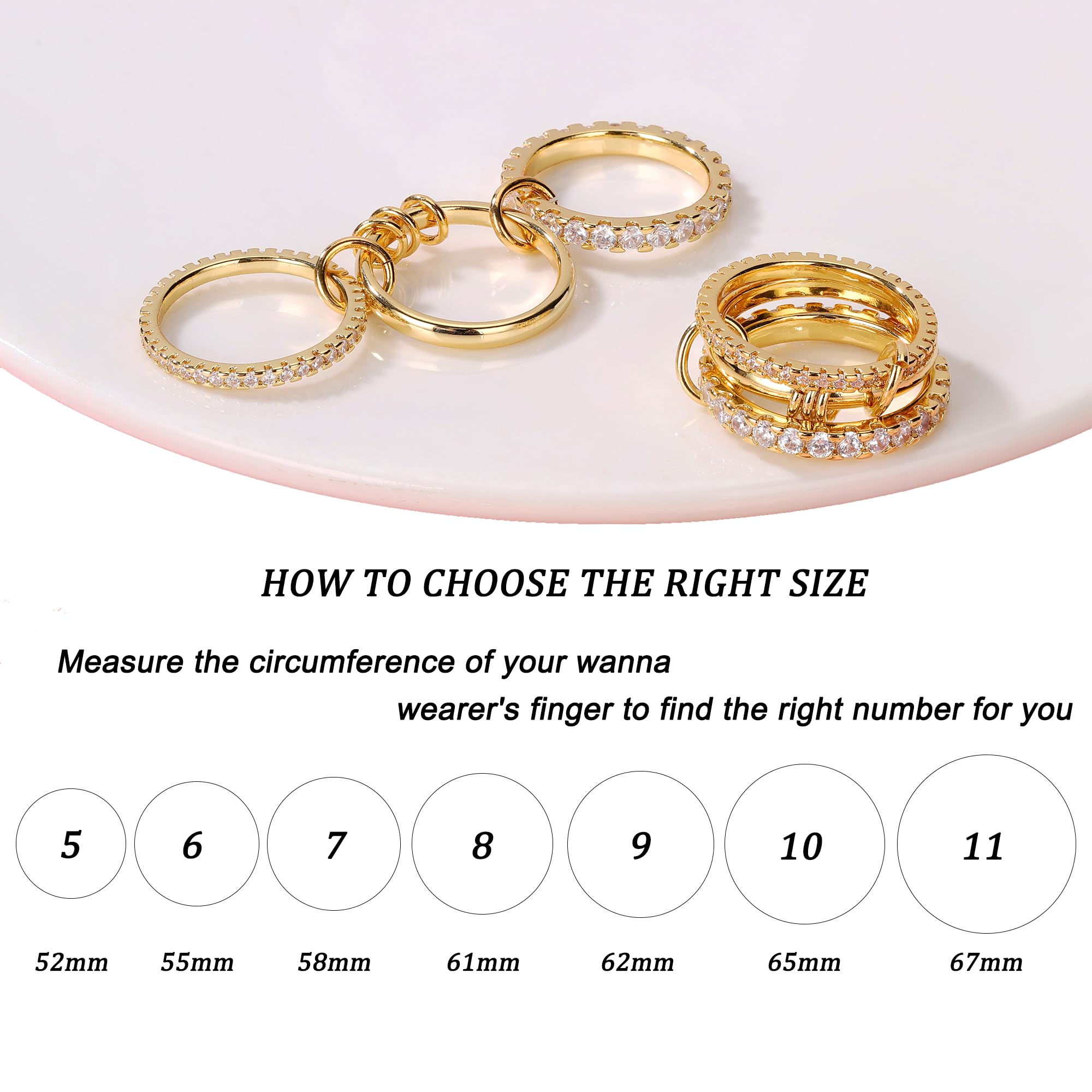 Gold Stackable Rings for Women Non Tarnish, 18K Gold Plated CZ Cubic Zirconia Rings, Golden Rings Set, Multi-Link Connected Rings