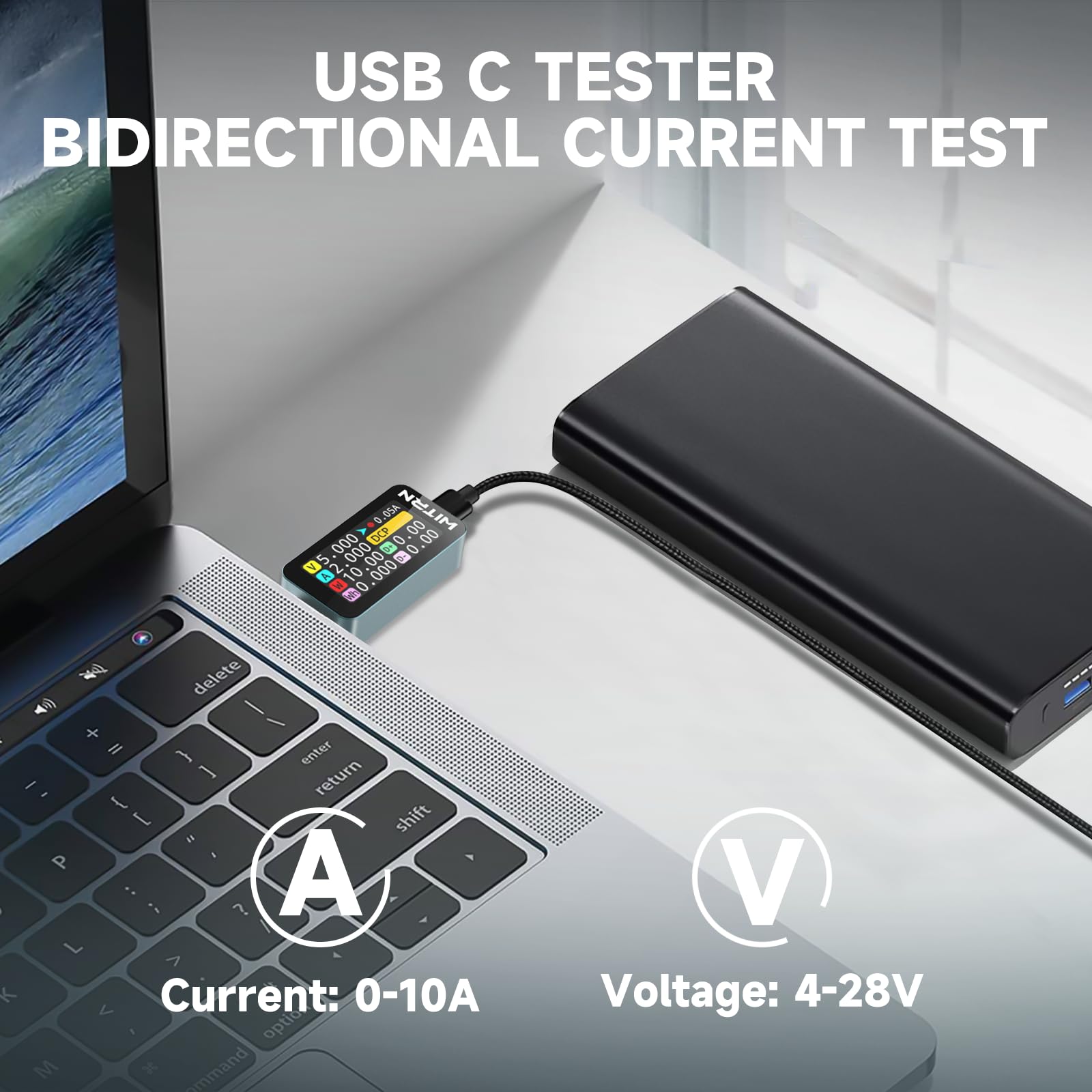 Heemol 4-36V USB Tester Messgerät 10A Digital Strommesser PD Power Meter USB C Messgerät Strommessgerät Farbe IPS LCD Multimeter Voltmeter Power Meter(USB C auf USB C)