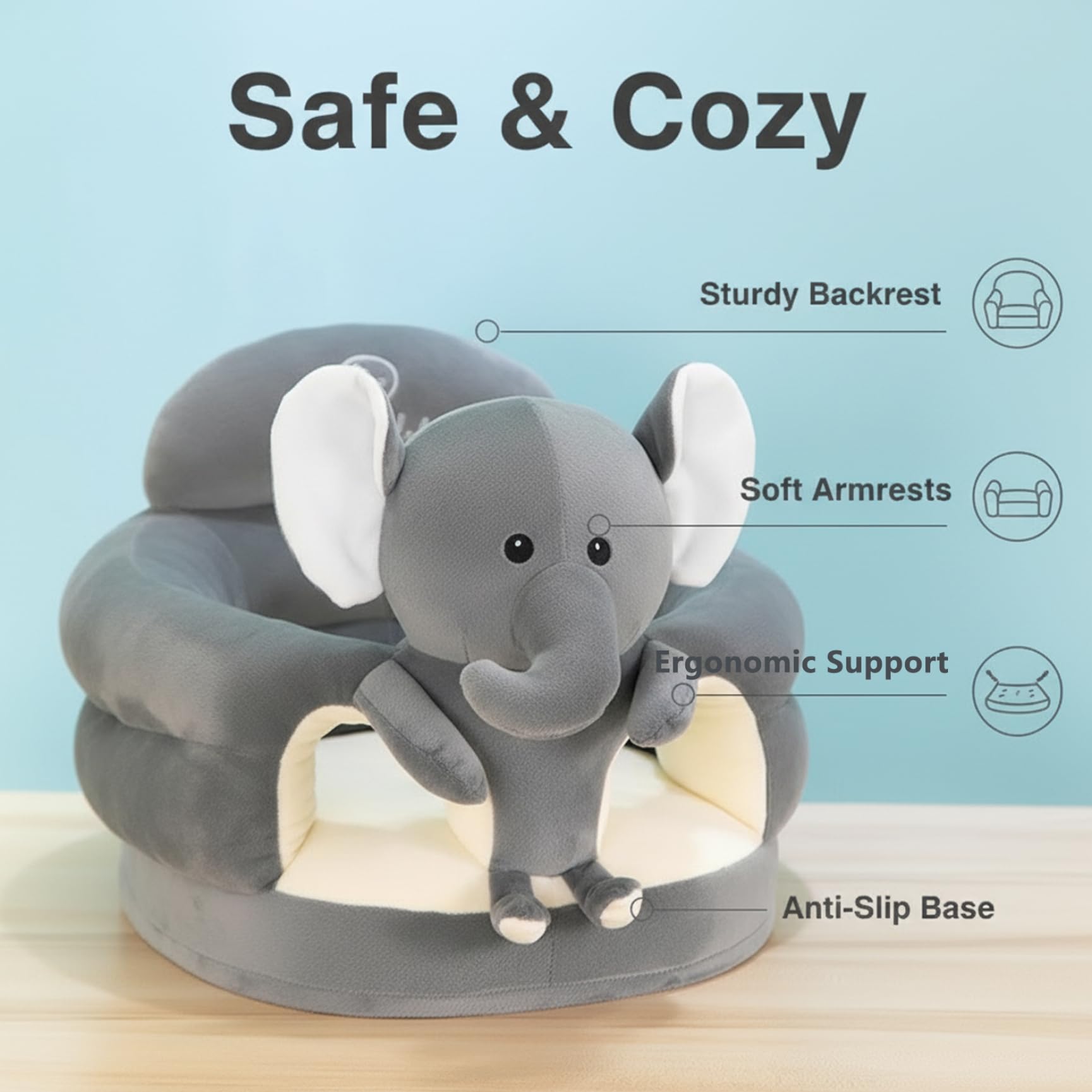 Sedia da Sit Up per Bambini, Simpatico Cartone Animato Elefante Grigio Sedia da Sit Up per Neonato Divano in Peluche per Camera da Letto, Soggiorno, Asilo Nido, Appartamento, Figürchen