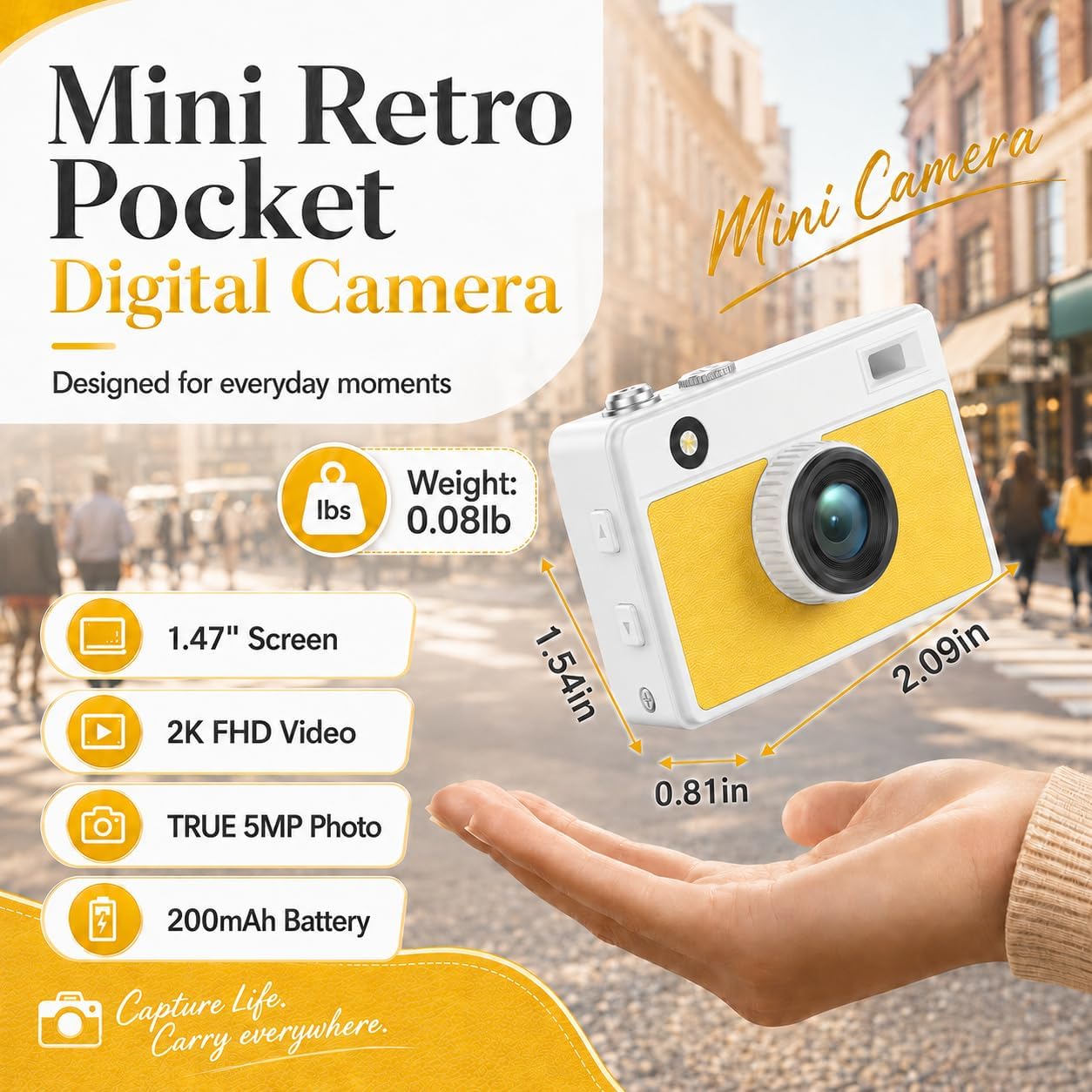 Mini Keychain Camera 2K 5MP, 1.47" Screen, Colorful Y2K 16GB White | 2K video,5MP sensor,vintage retro design,rechargeable battery,ultra-portable for travel party everyday carry