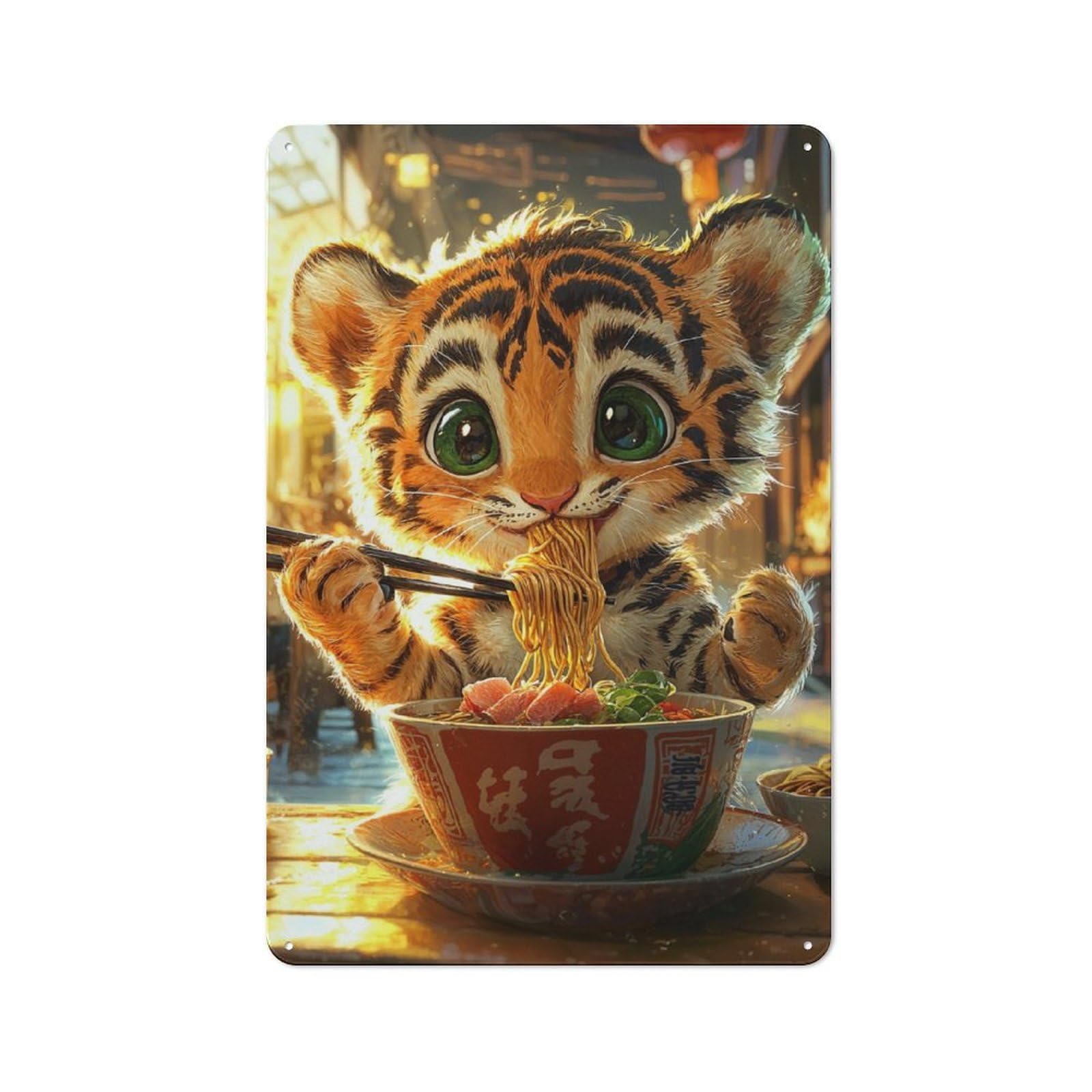 Junmoney Tiger Eating Ramen Retro Tin Sign 30X20cm For Lounge Or Reading Corner, Gift For Lounge Decor Fans During The Christmas Season