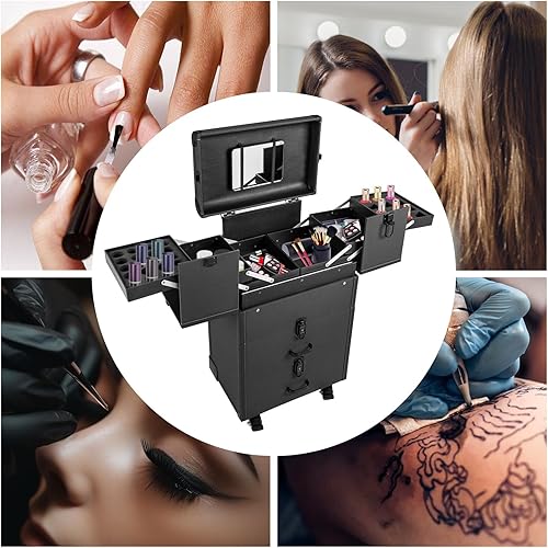 Miniatura 4 de YIYIONCE Rolling Maquillaje Tren Caso Actualización LockablePortátil Cosméticos Organizador Carro Grande Maquillaje Estuche con Ruedas y Cajones,
