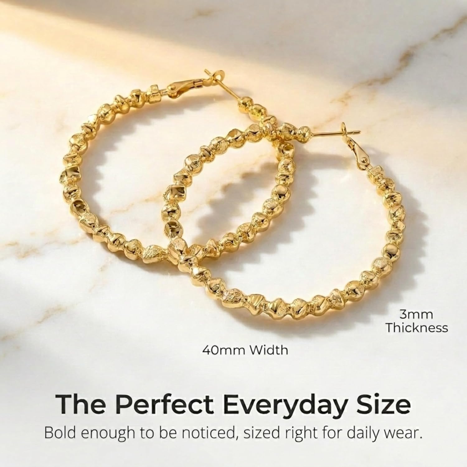 14K Gold Hoop Earrings 3mm*40mm, Large Irregular Nugget Textured Gold Hoops, Trendy Large Statement Earrings for Women Daily Wear, Sculptural Aesthetic Profile