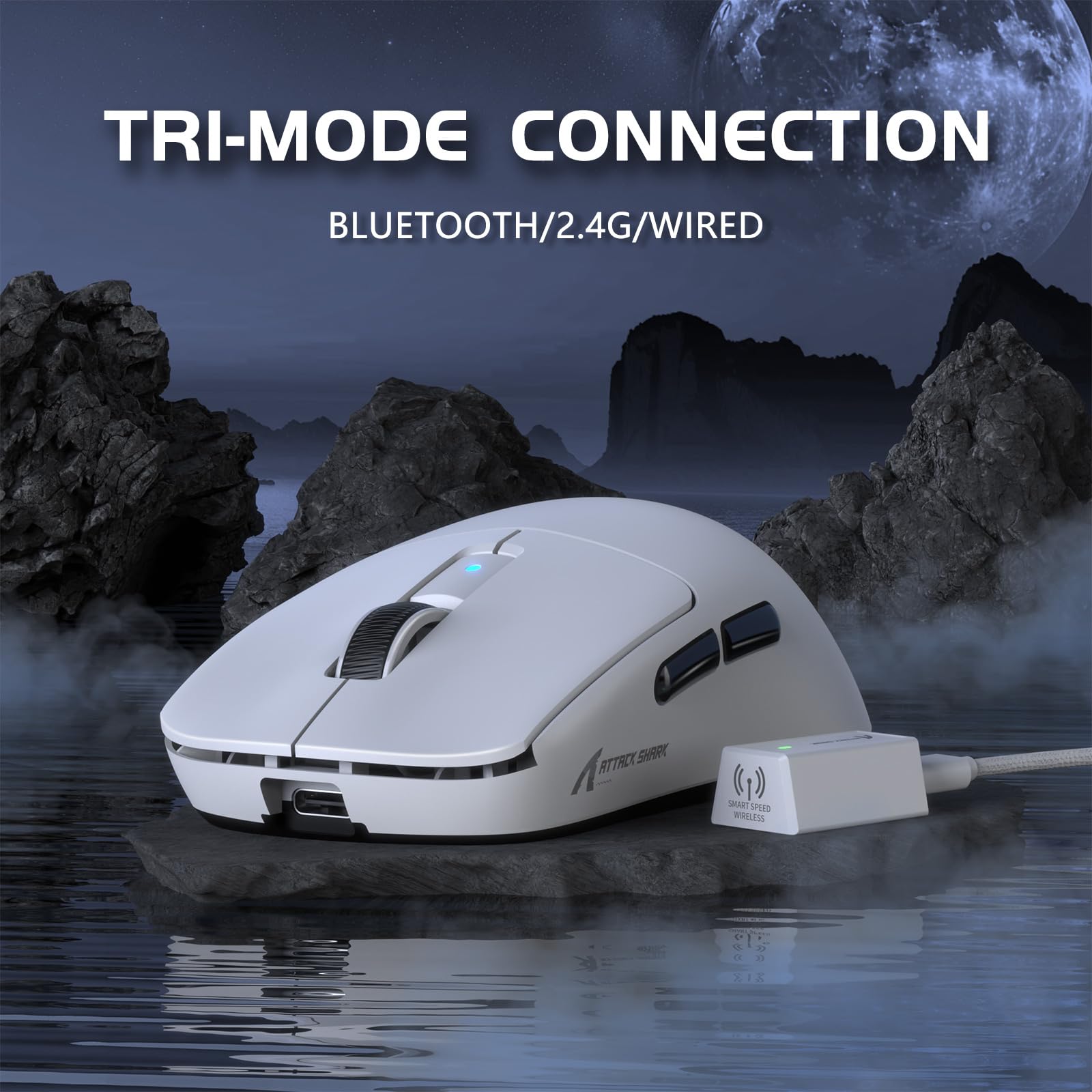 ATTACK SHARK R6 Mouse da gioco wireless 8KHz, SUPERLEGGERO 42g, Nordic 52840 MCU, sensore da gioco PixArt PAW3950MAX, BT/2.4G/Cablato, 6 DPI regolabili fino a 42000, batteria da 250mAh, PC/Mac(bianco)