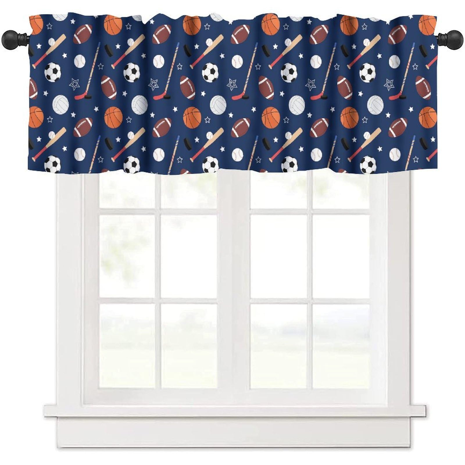 moderw Sports Valance Curtain, Cartoon Basketball Soccer Hockey Baseball Football Hockey Window Treatment Valance for Kids Boys Girls Bedroom Living Room 54x18inch