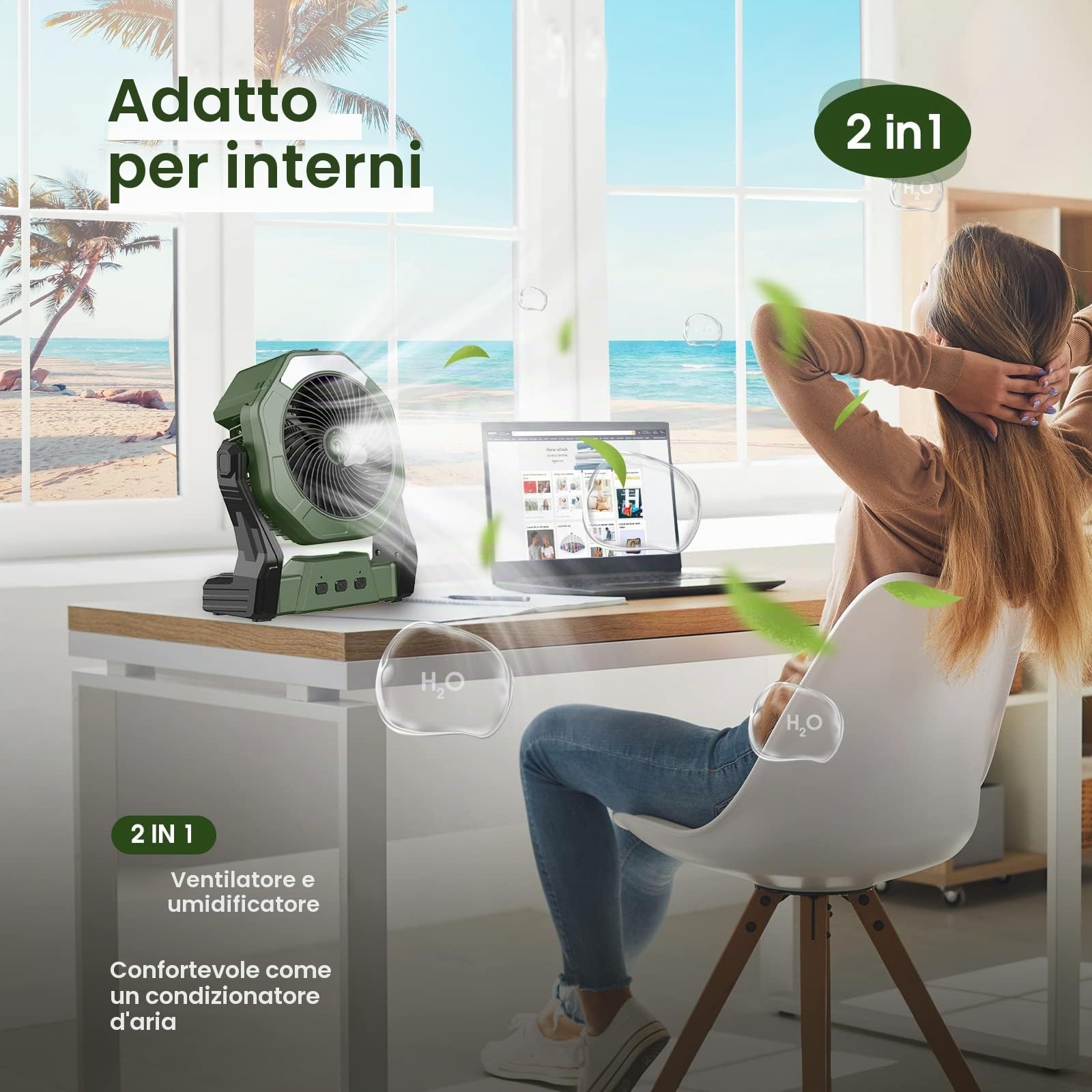 Ventilatore nebulizzatore portatile, batteria ricaricabile 10000 mAh, ventola raffreddamento personale con nebbia d'acqua, 20 cm, serbatoio